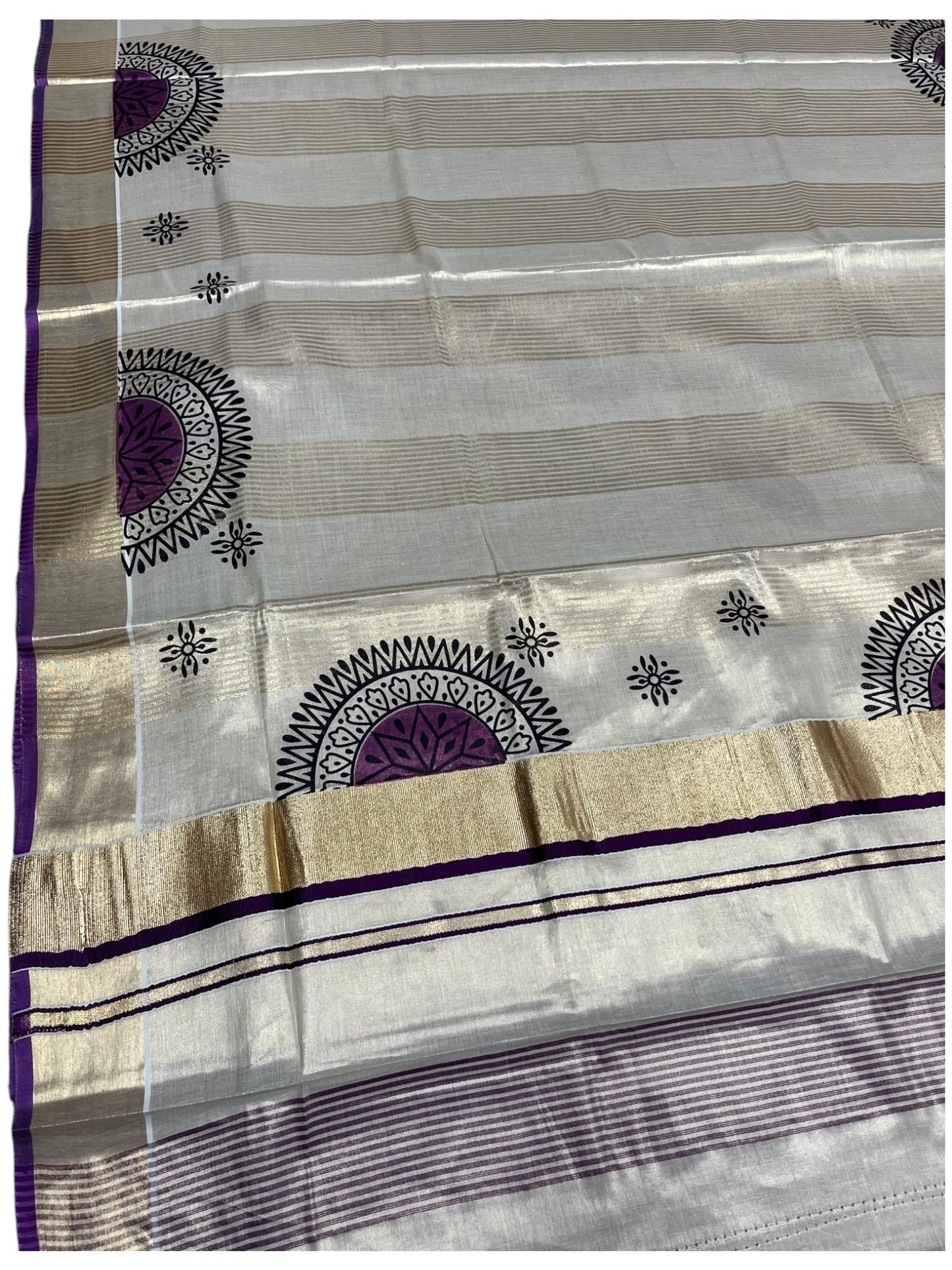 Southloom Tissue Kerala Kasavu Saree with Block Print on Body and Borders in Purple