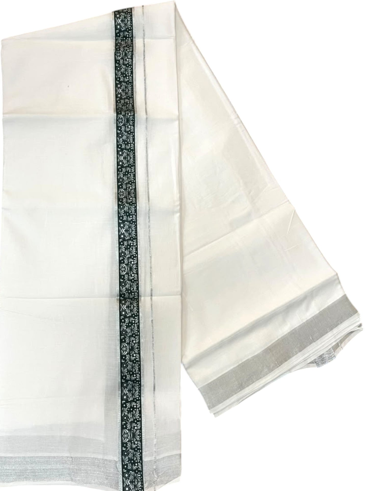 Southloom Pure White Cotton Mundu with Dark Green and Silver Kasavu Border (South Indian Kerala Dhoti)