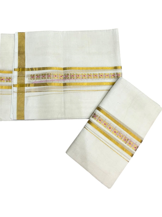 Southloom Premium Cotton Handloom Set Mundu With Pink Woven Dots Design And Golde Kasavu Border (2.80 Mtr) SL632