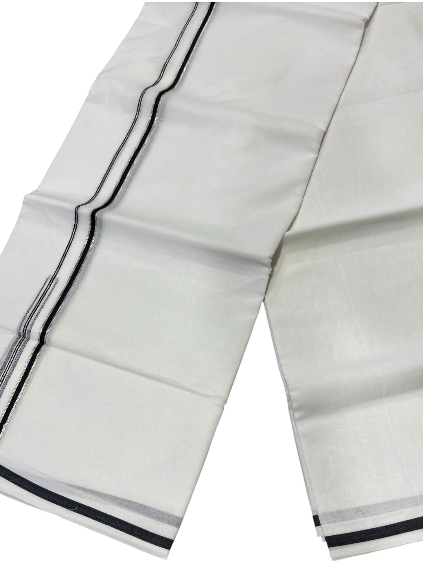 Pure White Cotton Double Mundu with Silver and Black Chutti Kara (South Indian Dhoti)
