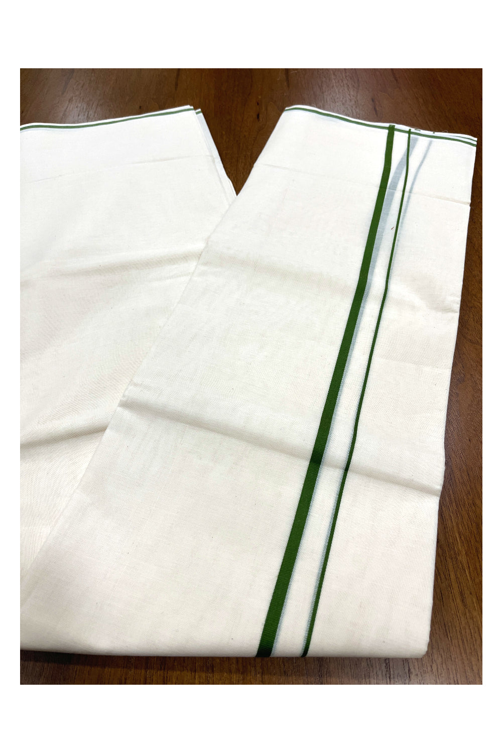 Pure Cotton Double Mundu with 0.5 inch Olive Green Border (South Indian Kerala Dhoti)