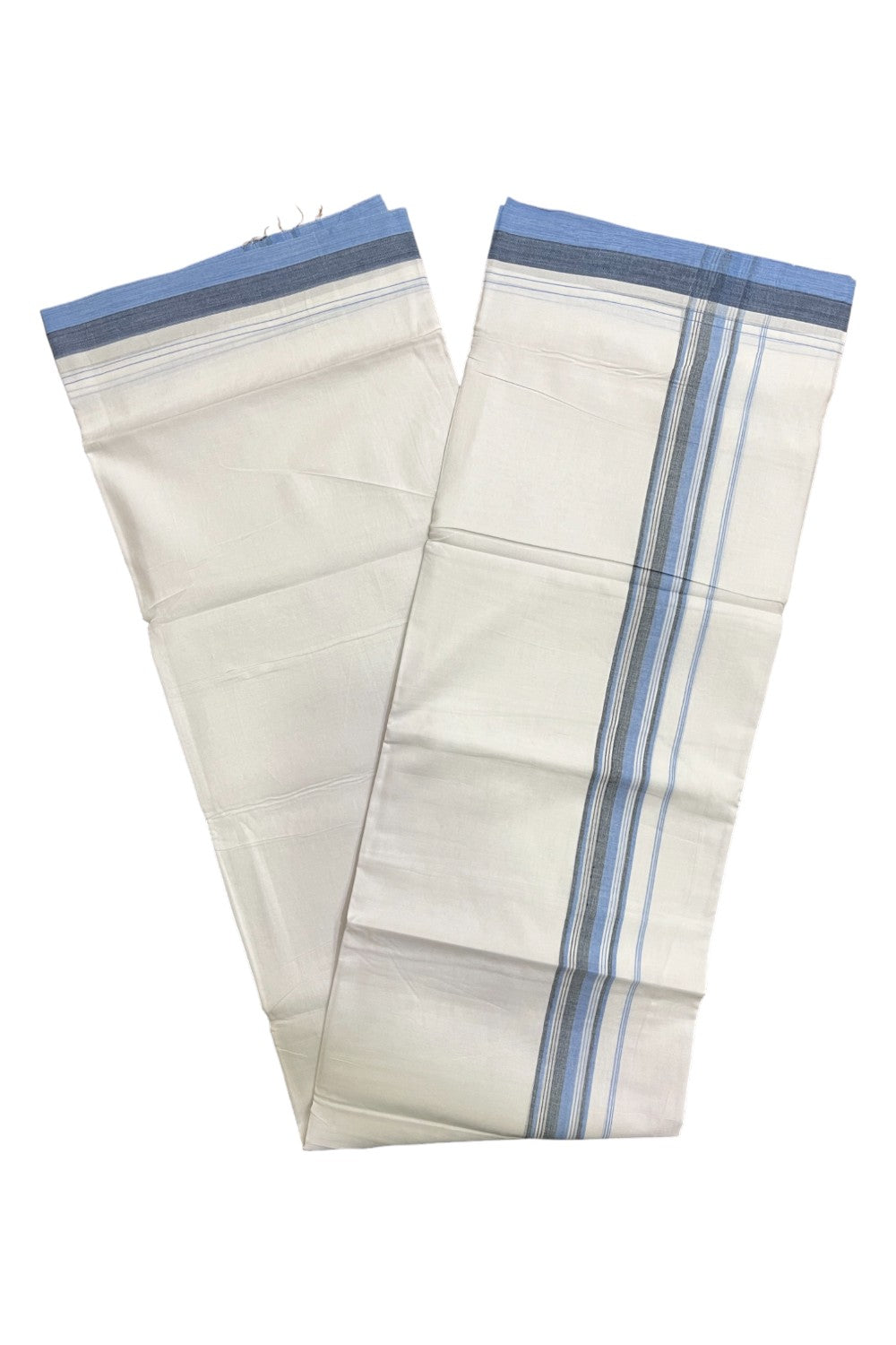 Pure White Cotton Kerala Double Mundu with Blue Border (South Indian Kerala Dhoti)