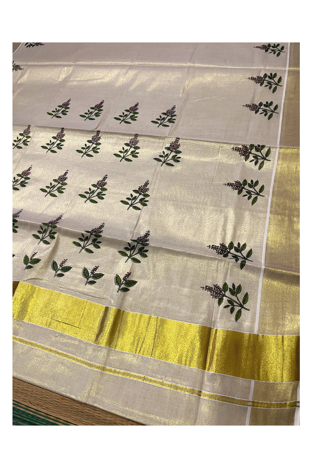 Kerala Kasavu Tissue Saree with Thulasi Kathir Mural Prints on Body