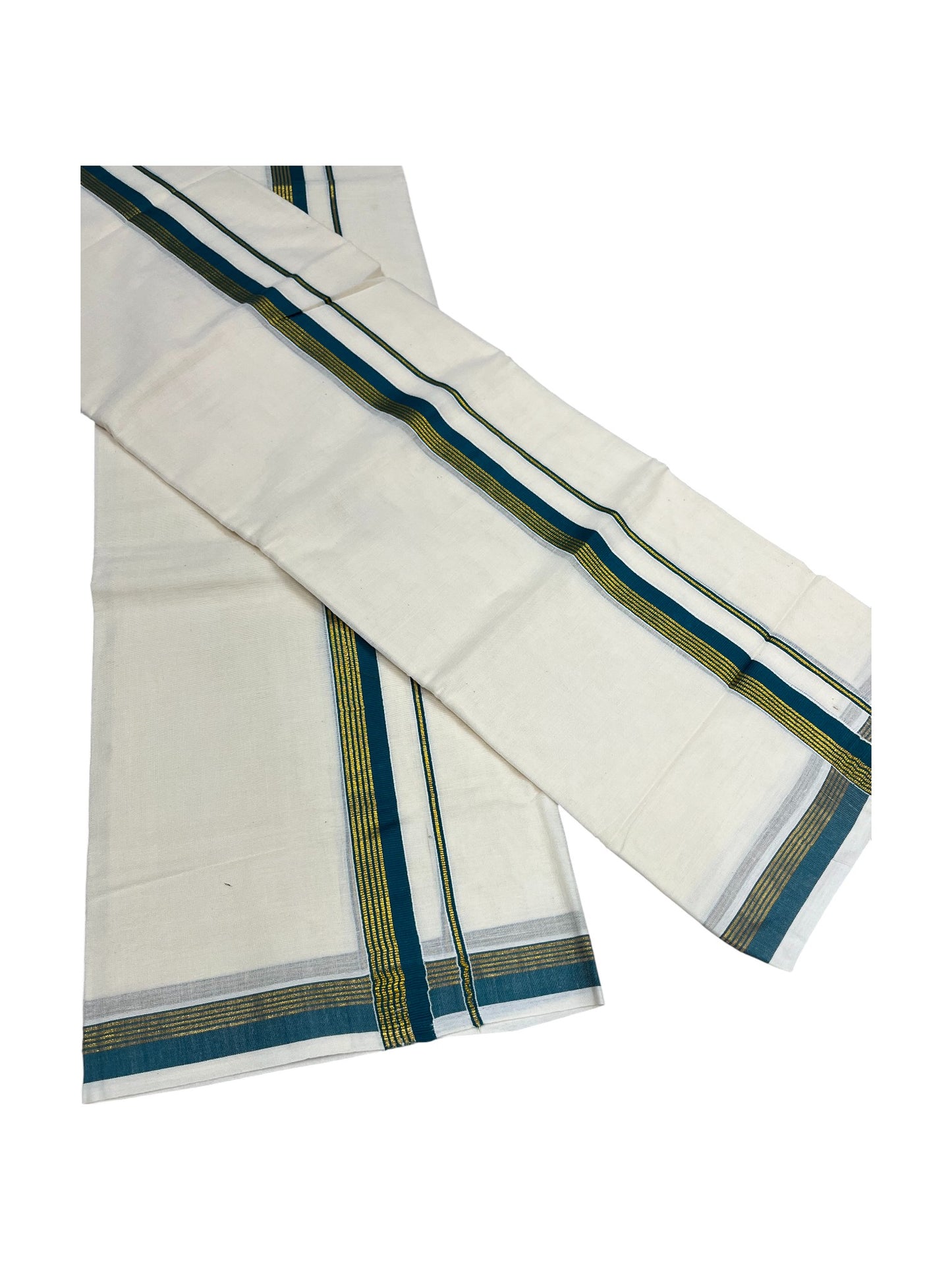 Pure Cotton Kerala Single Set Mundu (Mundum Neriyathum) with Peacock Green Kasavu Border in 2.80 Mtrs