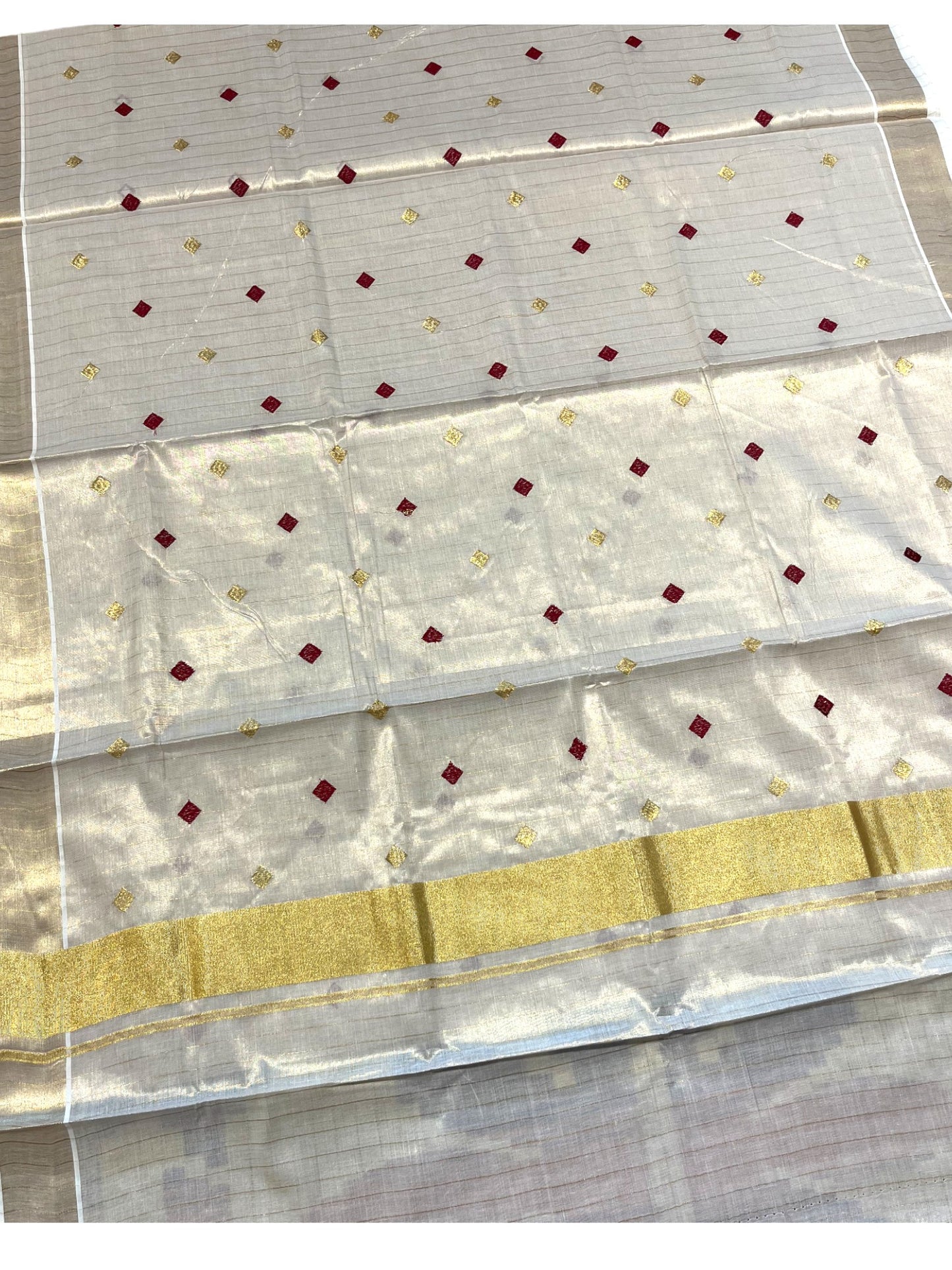 Southloom Kerala Tissue Kasavu Stripes Saree With Maroon Diagonal Embroidery on Body