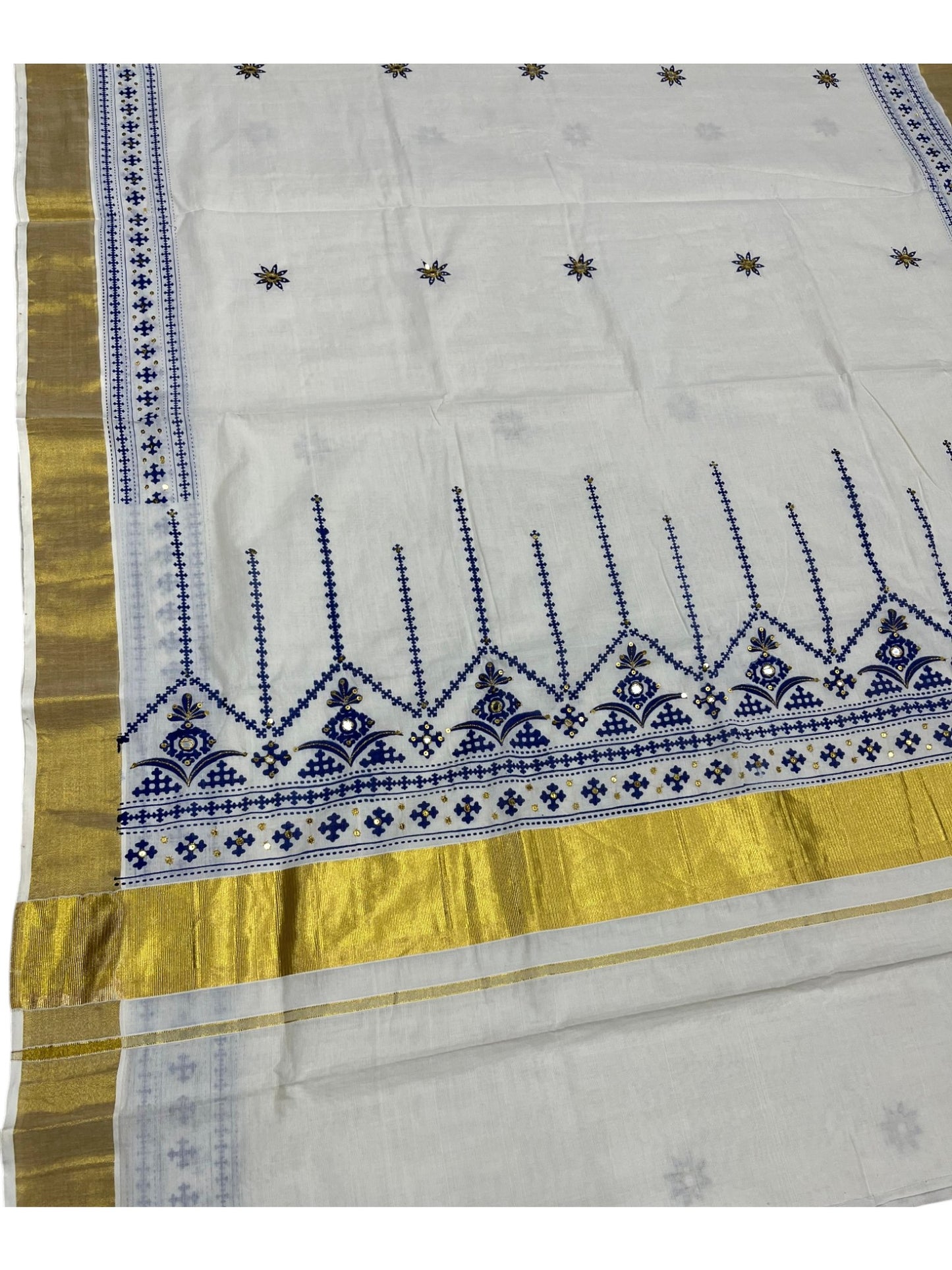 Southloom Pure Cotton Kerala Kasavu Saree with Blue Embroidery Designs
