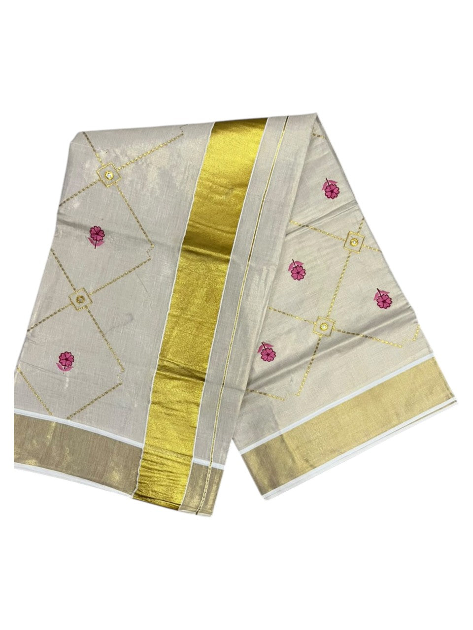 Southloom Kerala Tissue Kasavu Saree with Floral Embroidery Work on Body in Pink