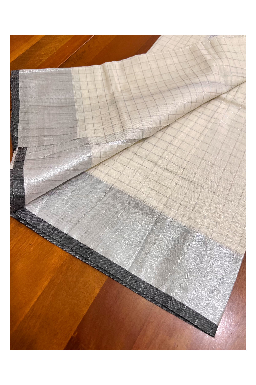 Kerala Pure Cotton Set Mundu Single (Mundum Neriyathum) with Silver Kasavu Woven Check Design on Body and Black Border-2.80Mtrs (Vishu 2024 Collection)