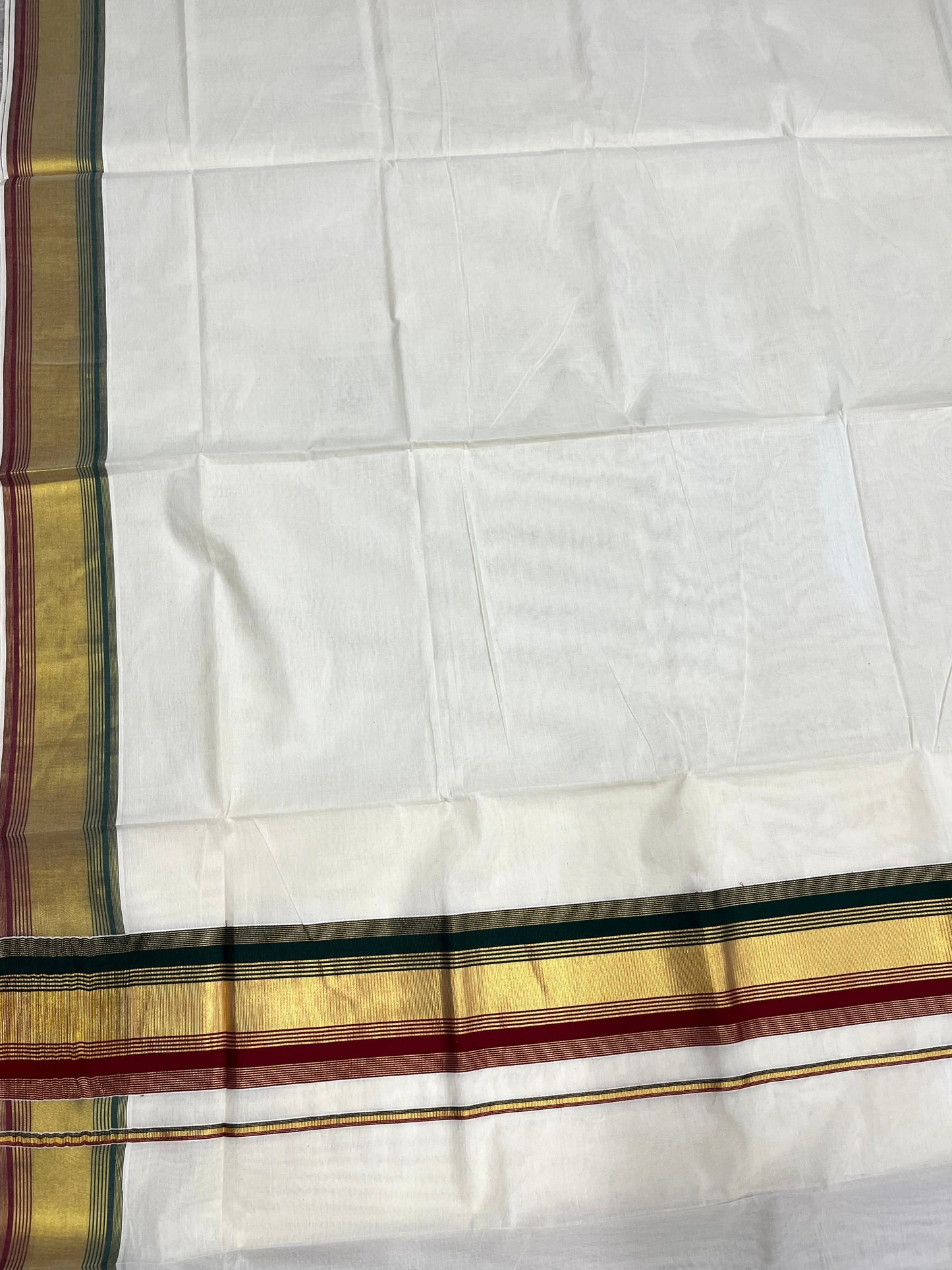 Southloom Kerala Cotton Kasavu Saree with Green And Maroon Border