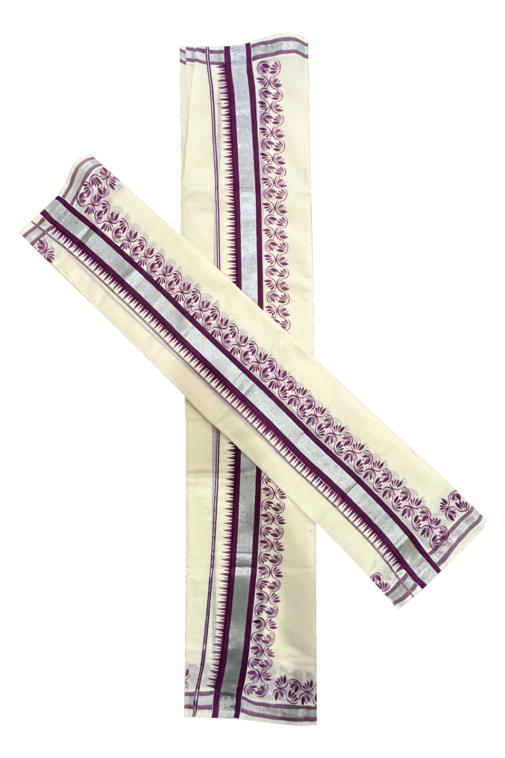 Kerala Pure Cotton Set Mundu Single (Mundum Neriyathum) with Purple Floral Temple Block Prints on Silver Kasavu Border