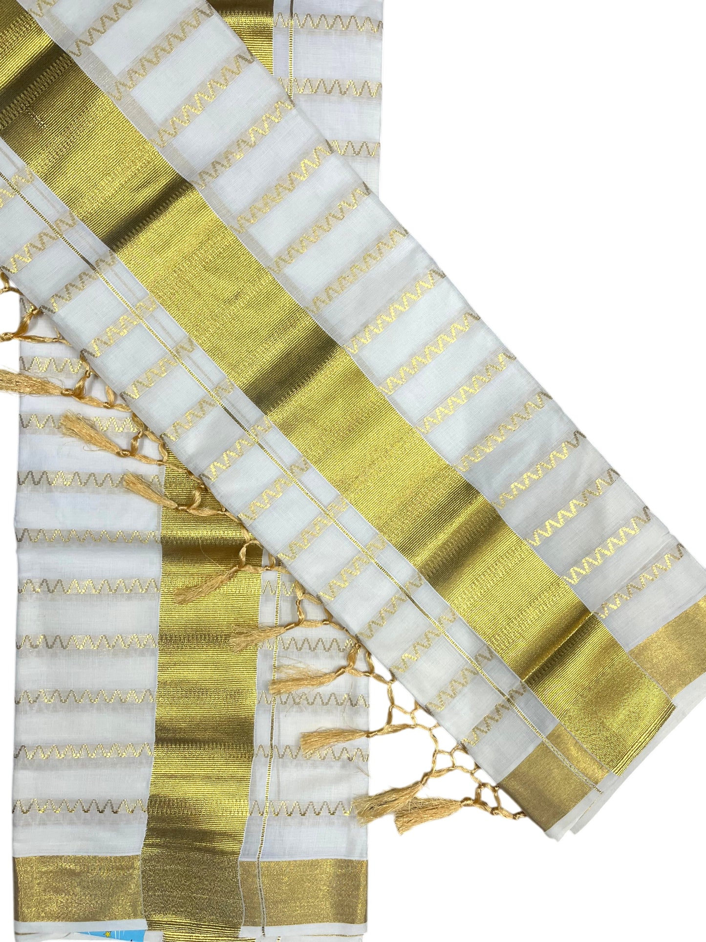 Southloom Cotton Kerala Kasavu Set Mundu (Mundum Neriyathum) with Golden Tassels 2.80 Mtrs