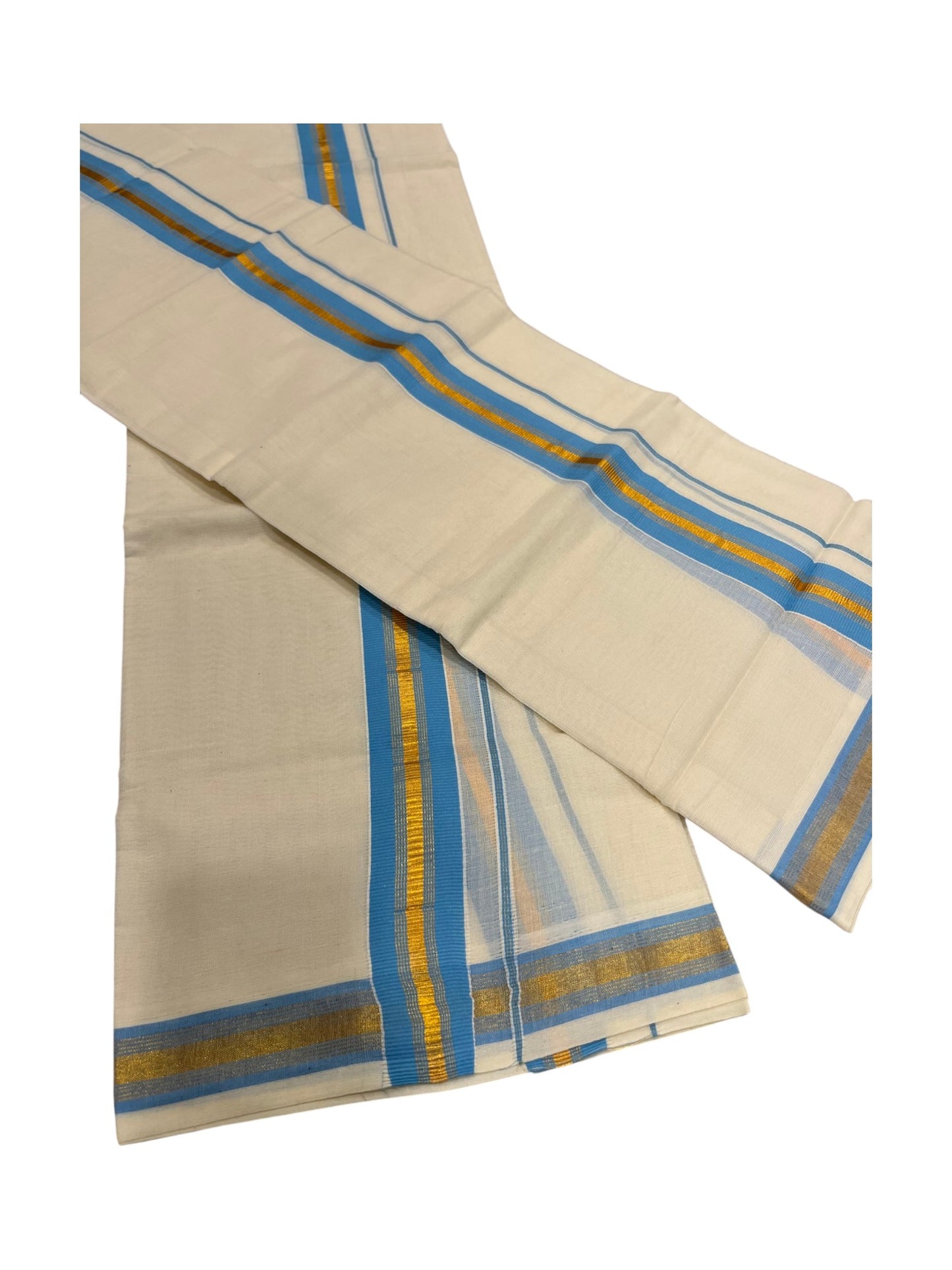 Southloom Kerala Cotton  Single Set Mundu (Mundum Neriyathum) with Kasavu and Blue Border