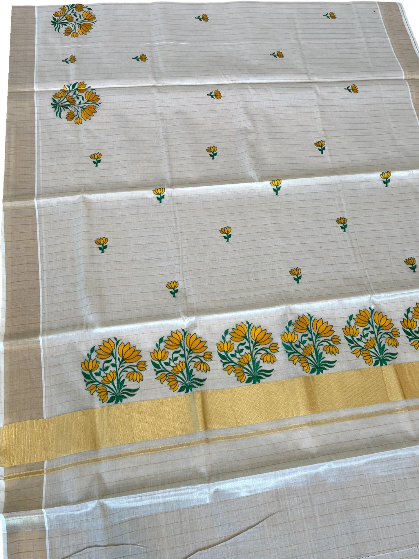 Southloom Kerala Tissue Stripes Kasavu Saree Yellow Floral Embroidery Design
