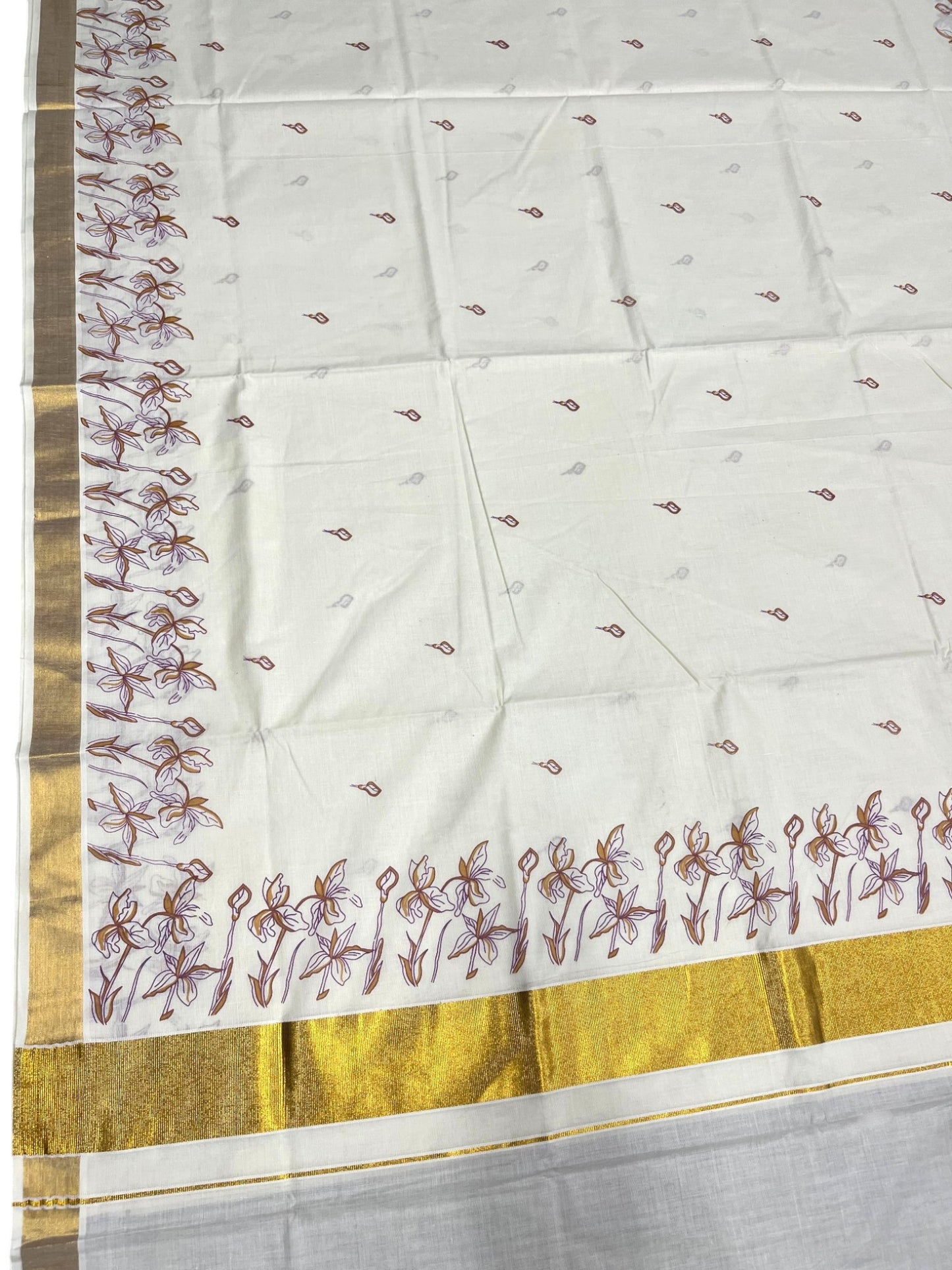Southloom Cotton Kerala Kasavu Saree with Floral Printed