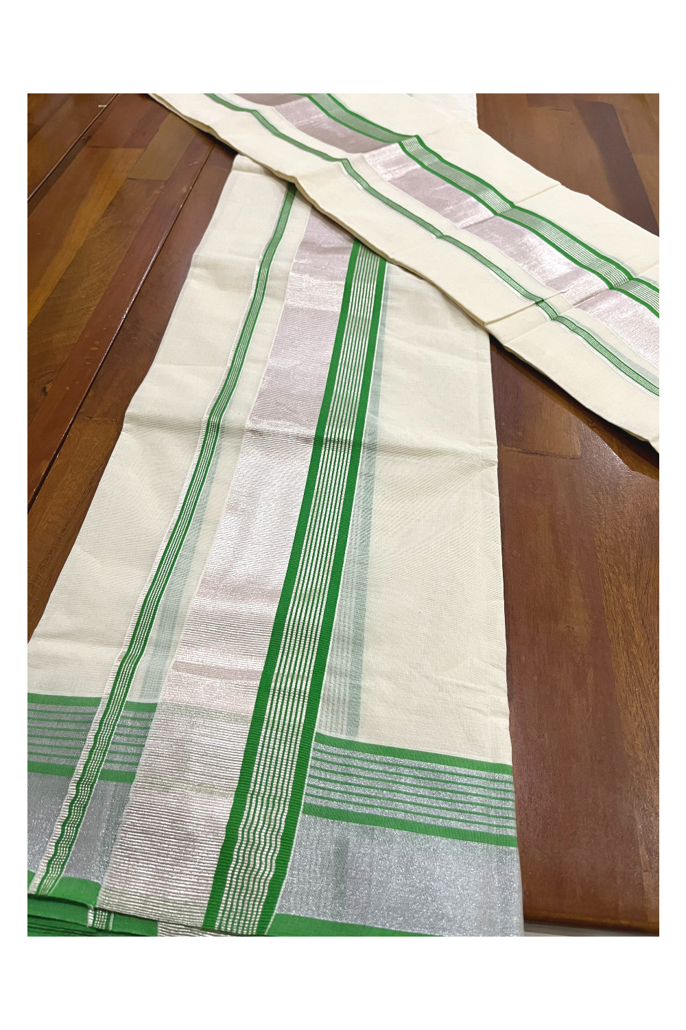 Kerala Cotton Mundum Neriyathum Single (Set Mundu) with Light Green and Silver Kasavu Border 2.80 Mtrs