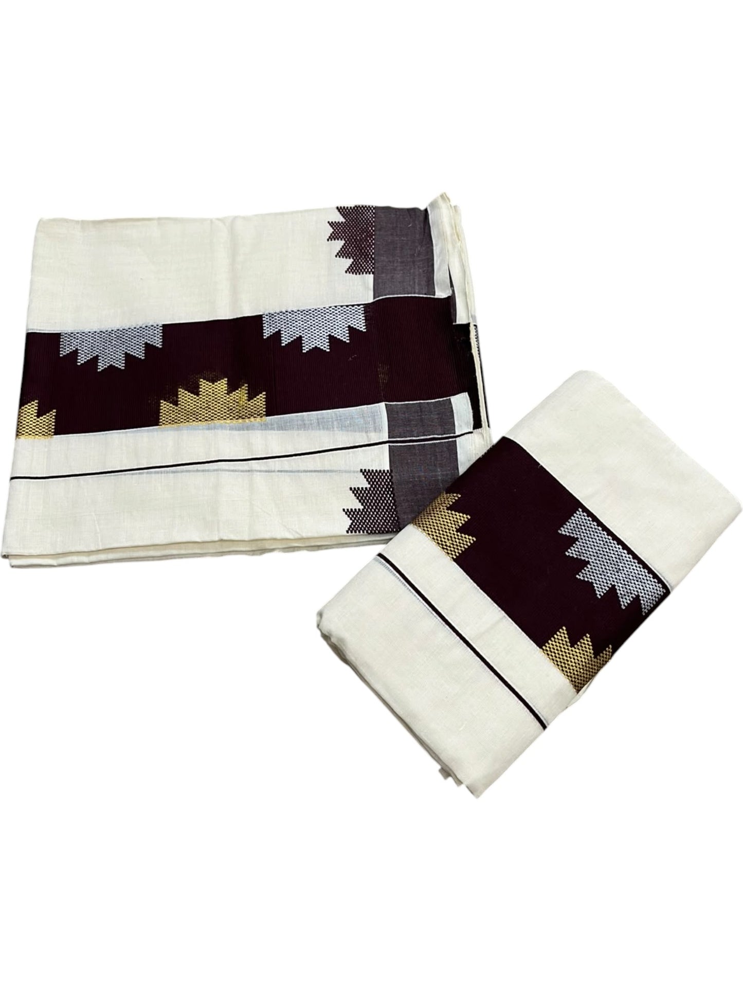 Southloom Pure Cotton Single Set Mundu (Mundum Neriyathum) Temple Design & Brown Border 2.80 Mtrs