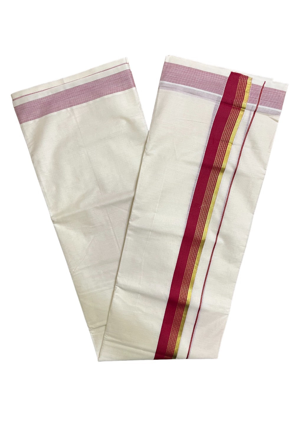 Kerala Pure Cotton Double Mundu with Maroon and Kasavu Border (South Indian Kerala Dhoti)