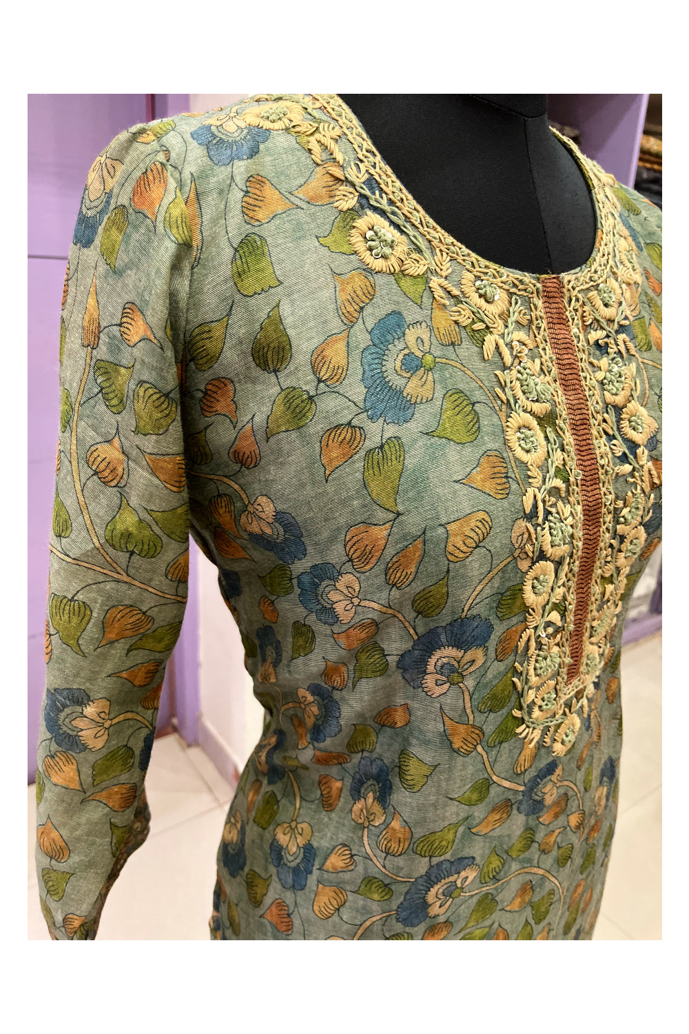 Southloom Stitched Chanderi Silk Salwar Set in Green Floral Works