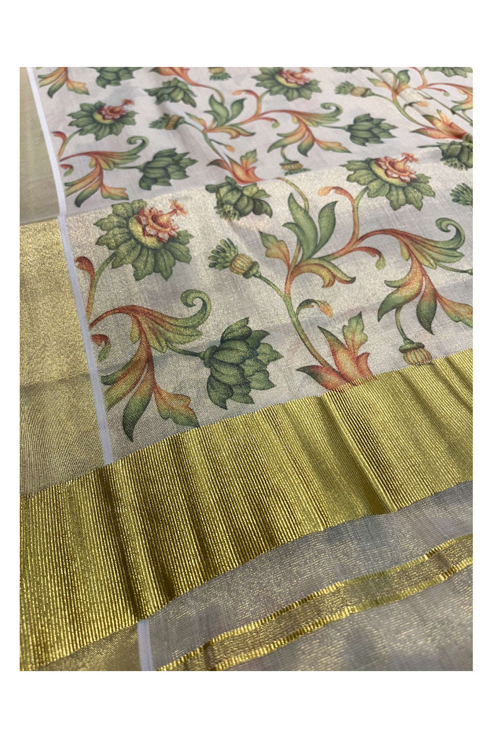 Kerala Tissue Kasavu Saree with Green Floral Kalamkari Design