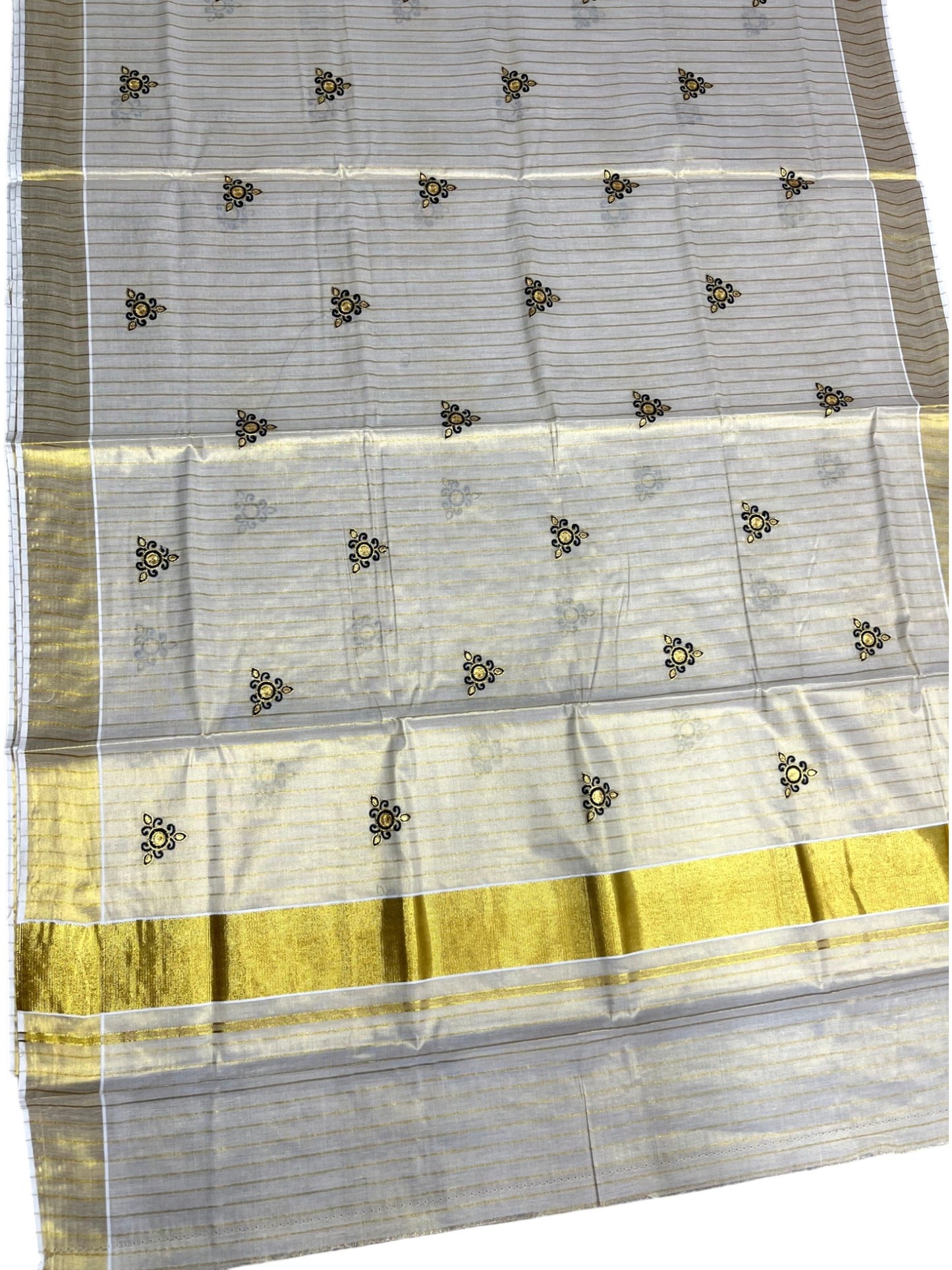 Southloom Tissue Kerala Kasavu Stripes Saree with Floral Embroidery Design in Black SL363