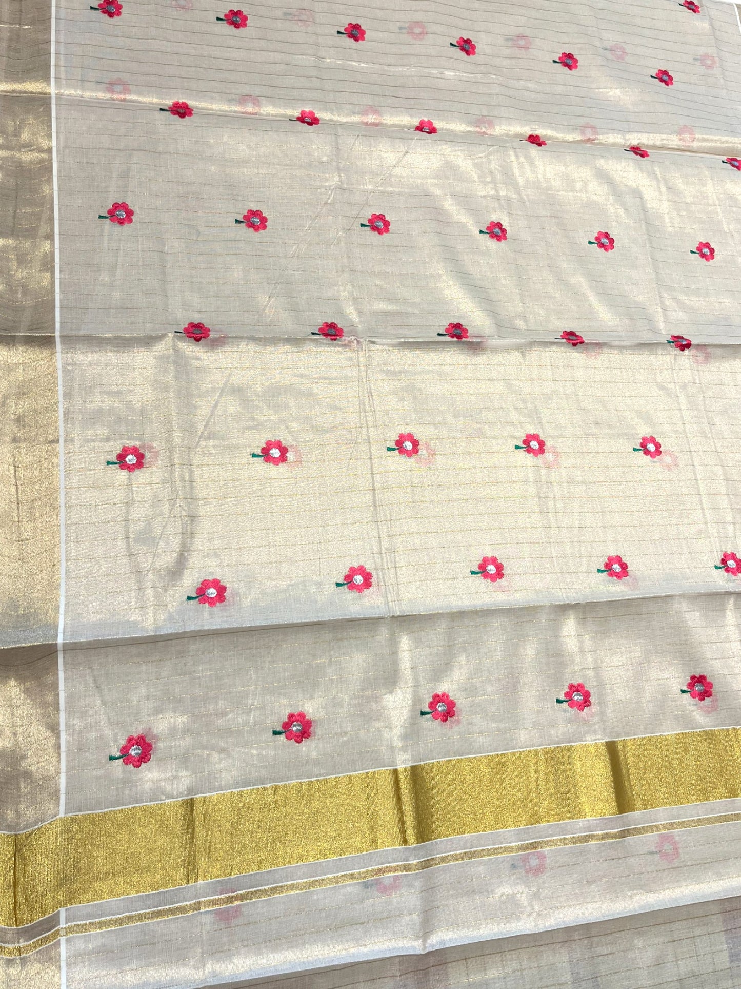 Southloom Tissue Kerala Kasavu Stripes Saree with Pink Floral Embroidery Design