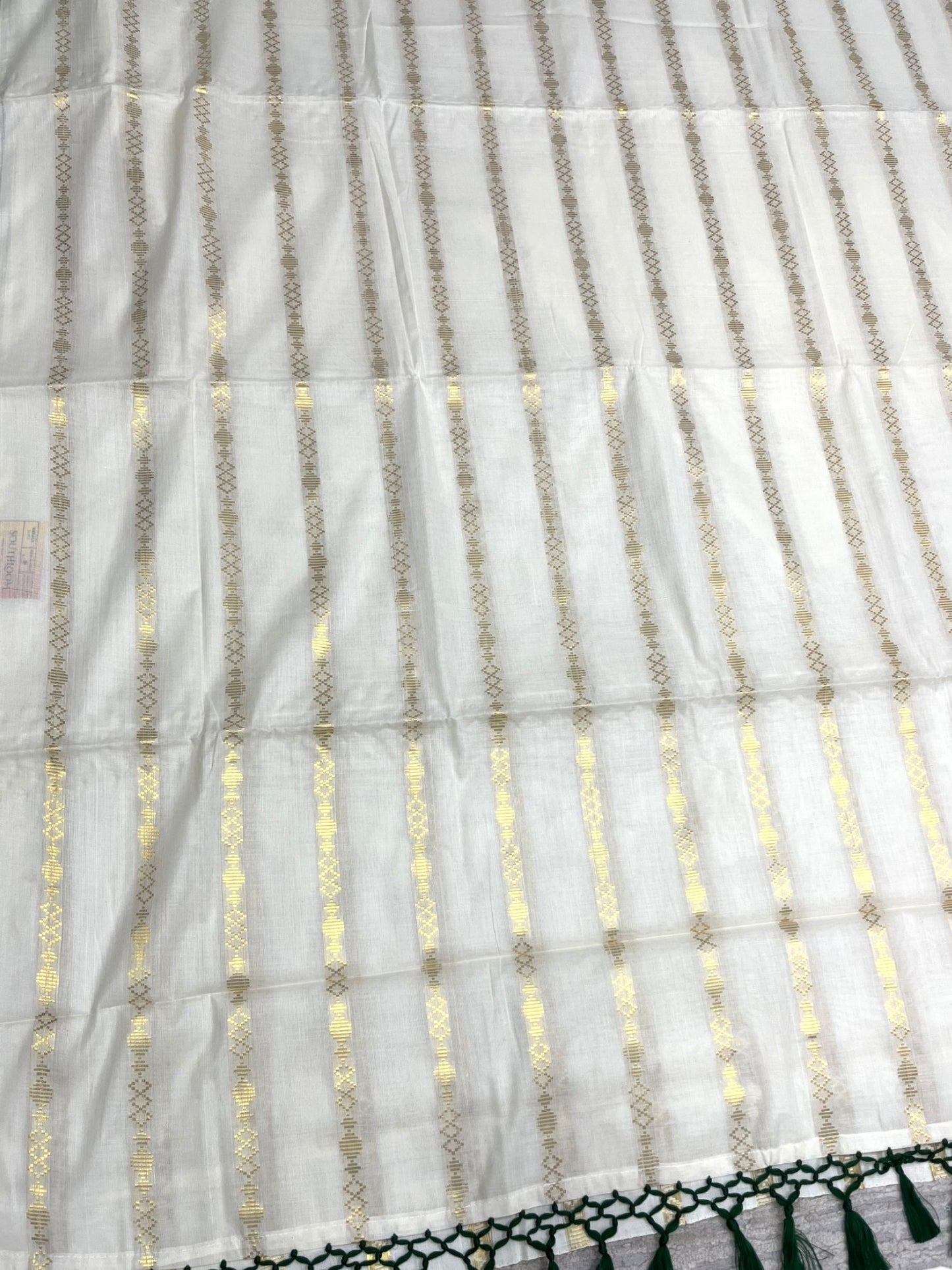 Southloom Kerala Cotton Kasavu Saree with Stripes on Body and Green Tussels