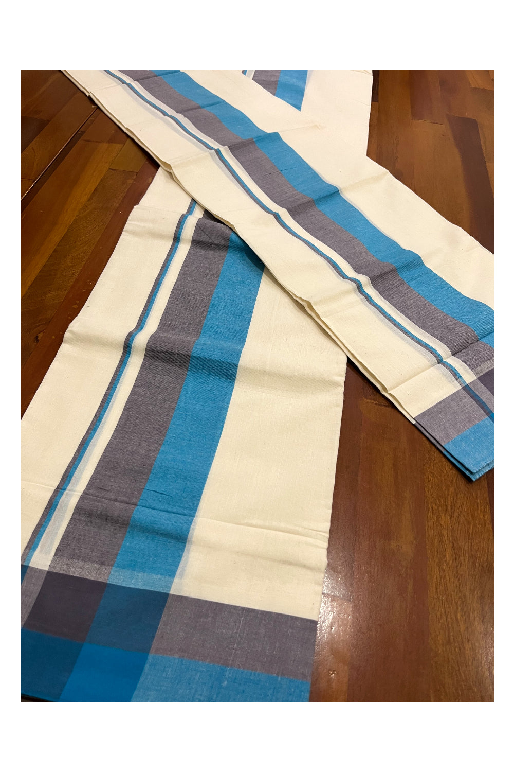 Pure Cotton Mundum Neriyathum Double (Set Mundu) with Blue and Grey Border