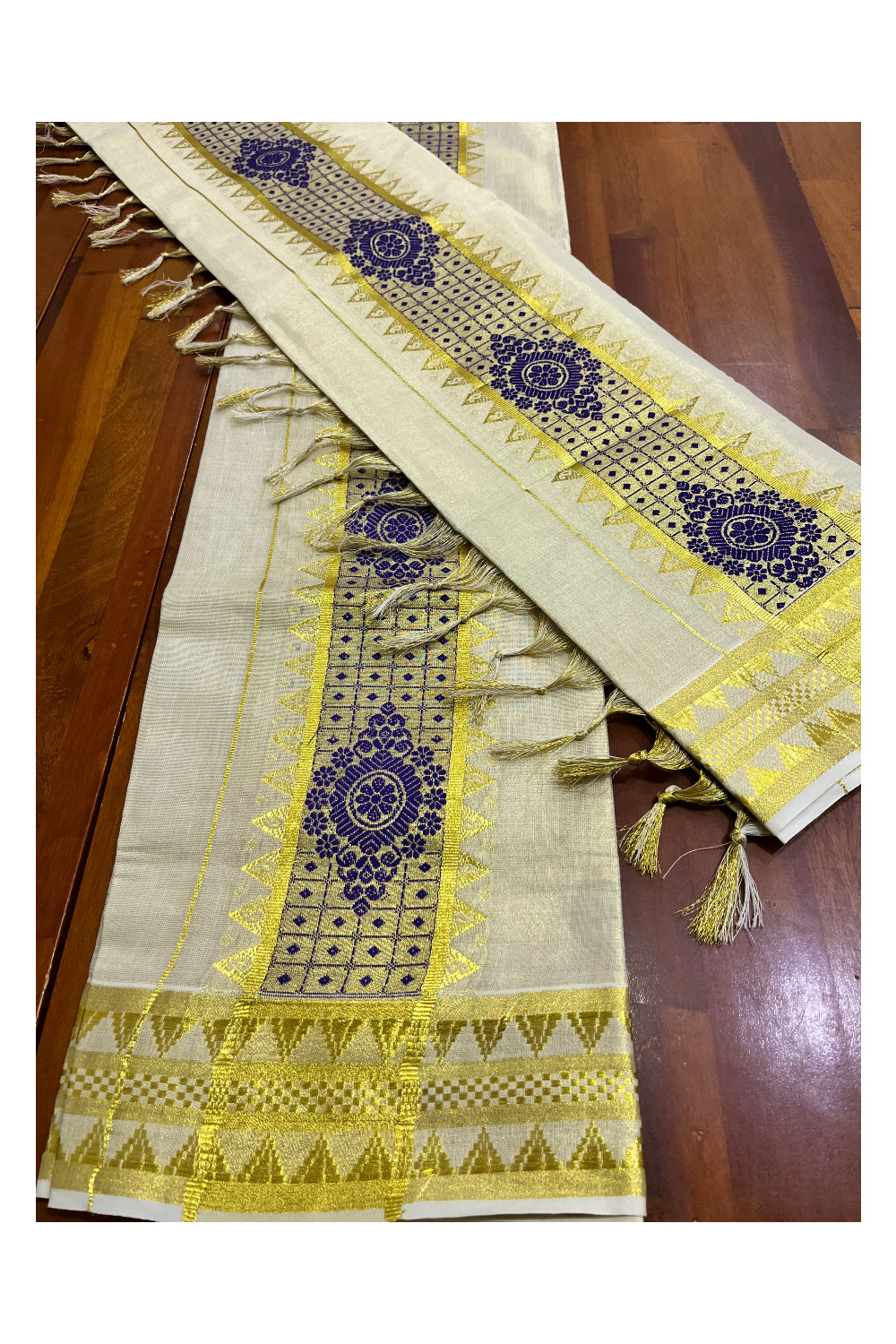 Kerala Tissue Single Set Mundu (Mundum Neriyathum) with Violet Woven Floral Designs 2.80 Mtrs