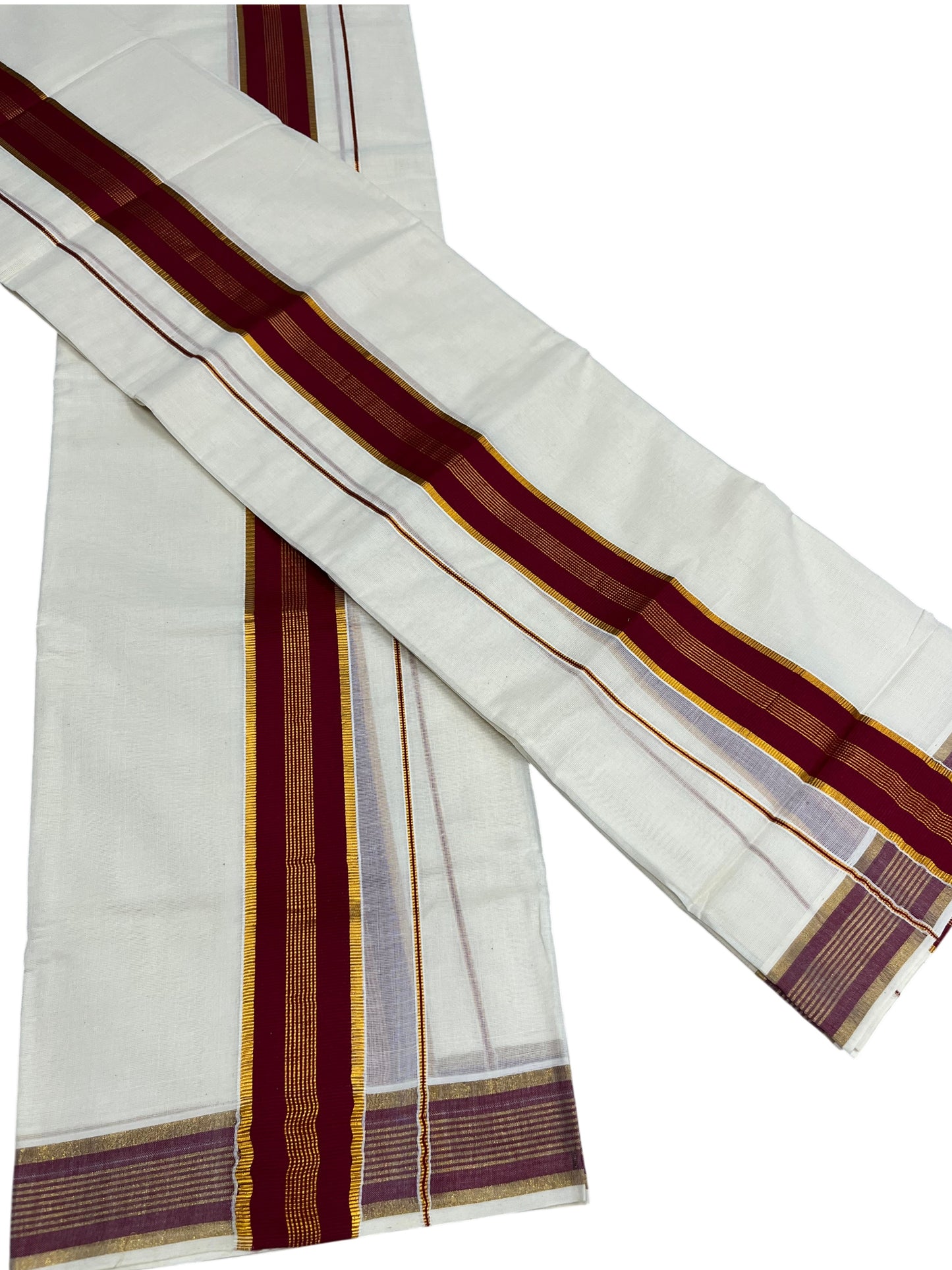 Southloom Kerala Cotton  Set Mundu (Mundum Neriyathum) with Kasavu and Maroon Border 2.80Mtrs