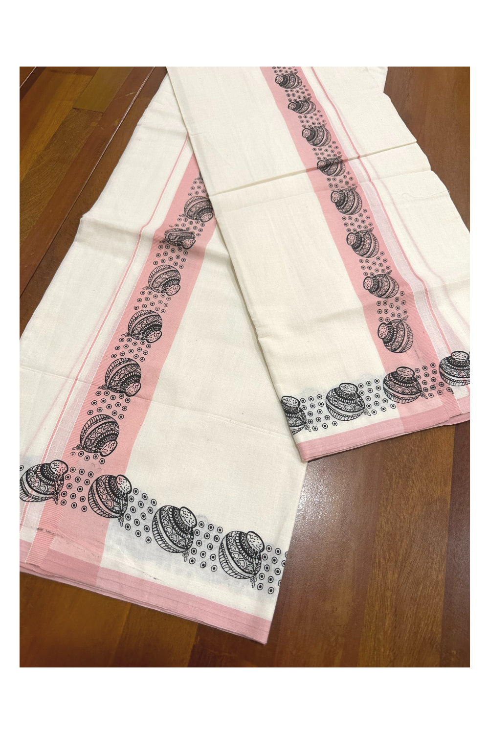 Kerala Cotton Set Mundu (Mundum Neriyathum) with Black Block Prints in Pink Border (Onam Set Mundu 2023)