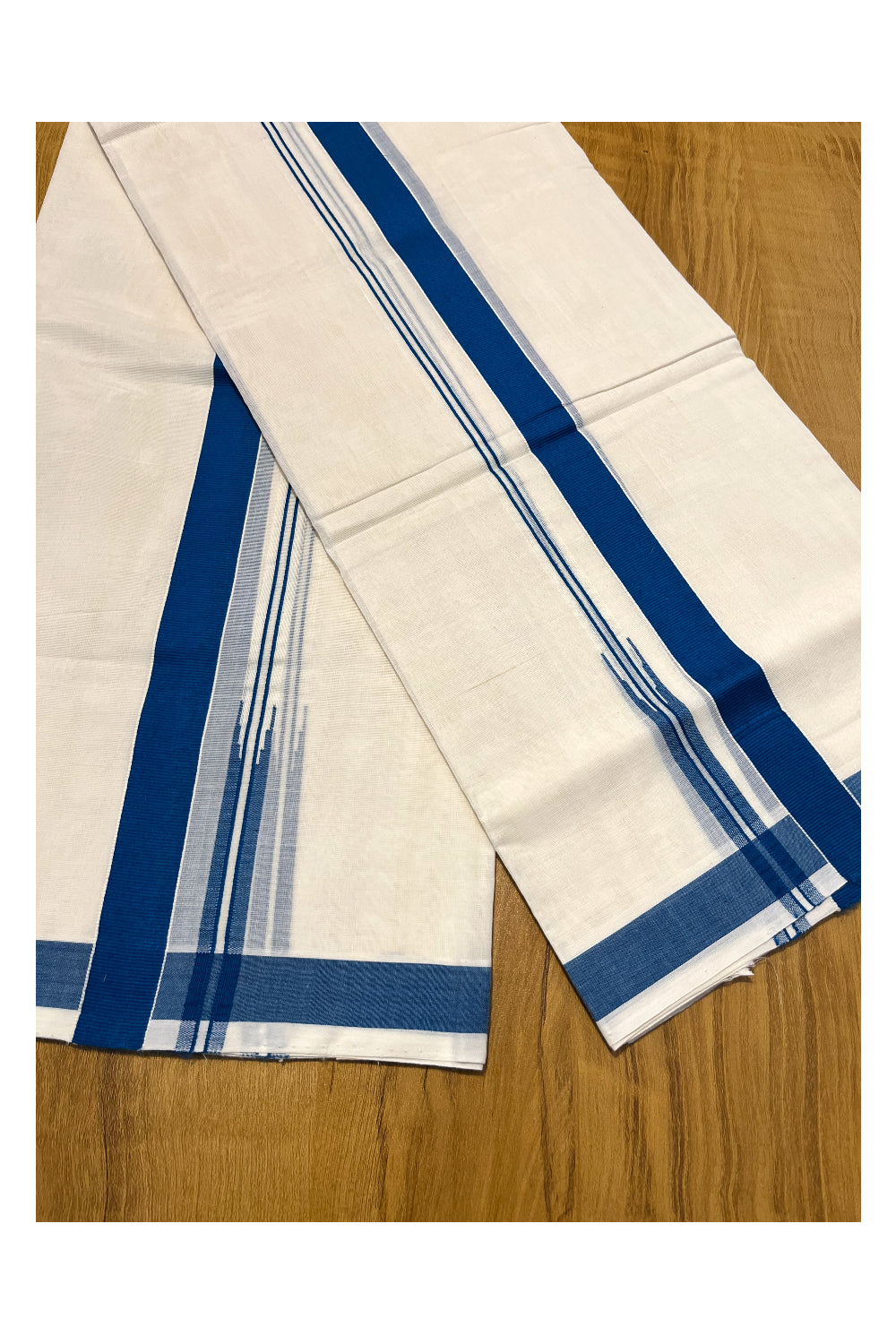 Kerala Pure Cotton Handloom Premium Mundum Neriyathum Single (Set Mundu) with 1 inch Dark Blue and Chutti Design Border