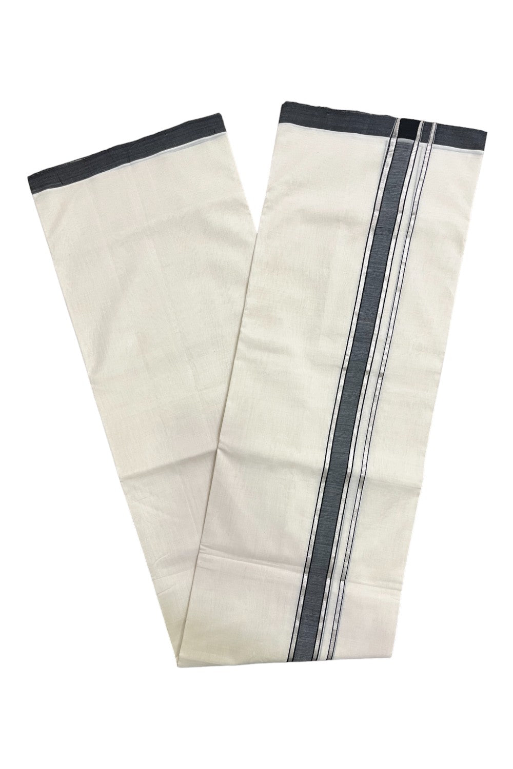 Premium Balaramapuram Handloom Unakkupaavu Cotton Double Mundu with Black and Silver Kasavu Border (Vishu 2024 Collection)