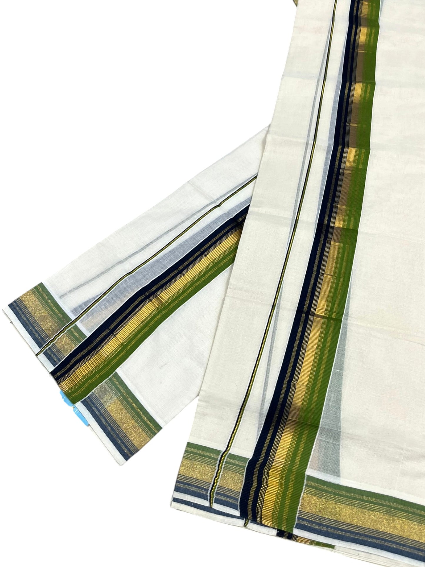 Southloom Kerala Cotton Kasavu Single Set Mundu (Mundum Neriyathum) with Blue and Olive Green Kasavu Border SLKK SL480