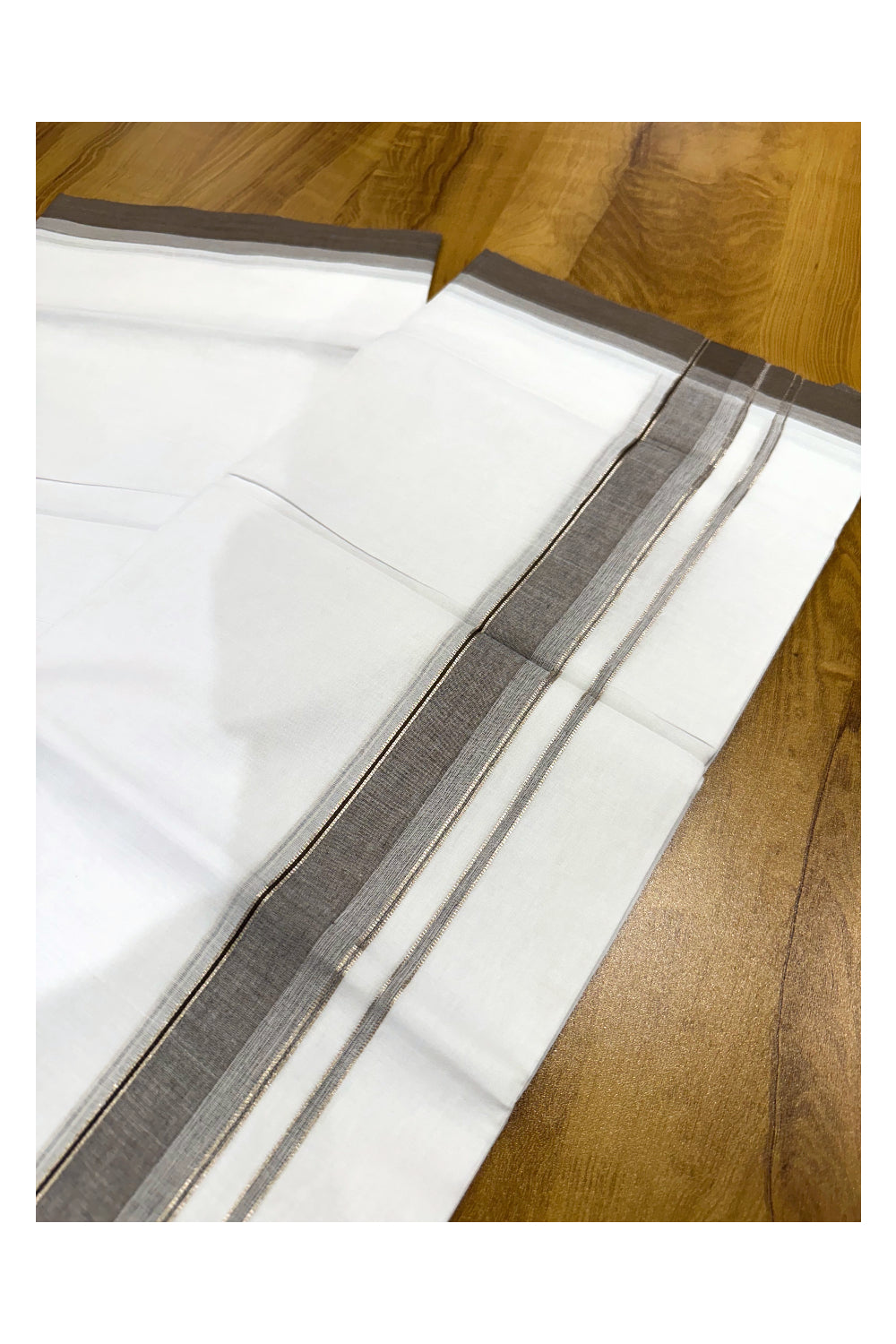 Pure White Cotton Double Mundu with Brown and Silver Kasavu Border (South Indian Kerala Dhoti)