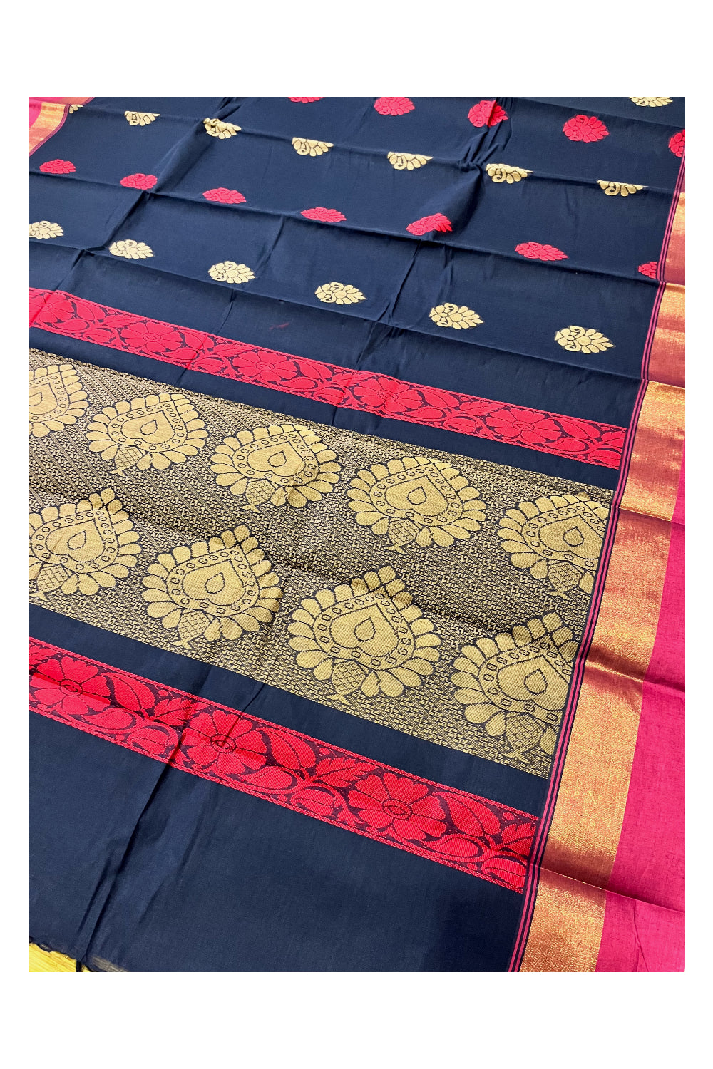 Southloom Cotton Dark Blue Saree with Woven Butta Works on Body and Pallu