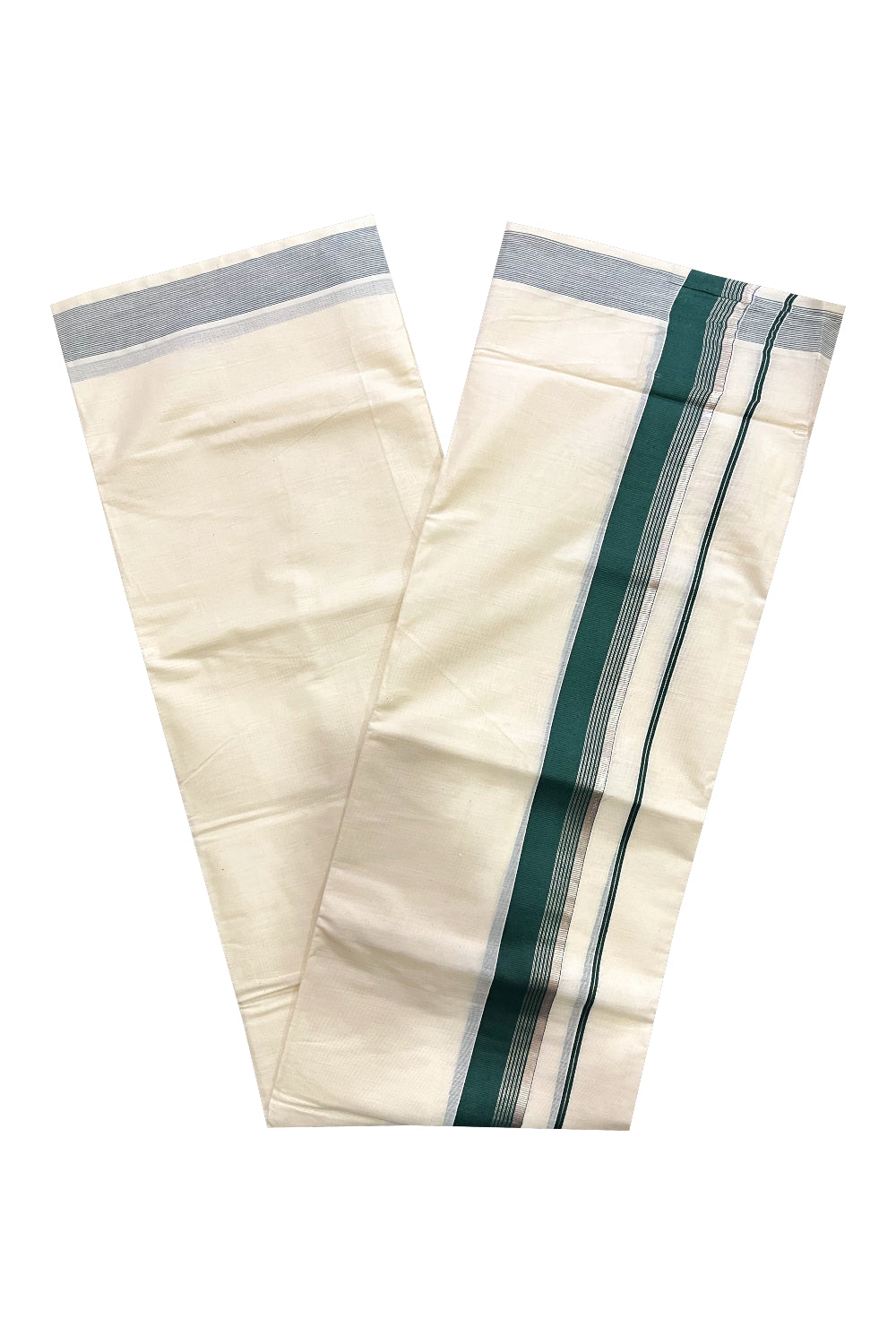 Off White Kerala Cotton Double Mundu with Silver Kasavu and Dark Green Border (South Indian Kerala Dhoti)