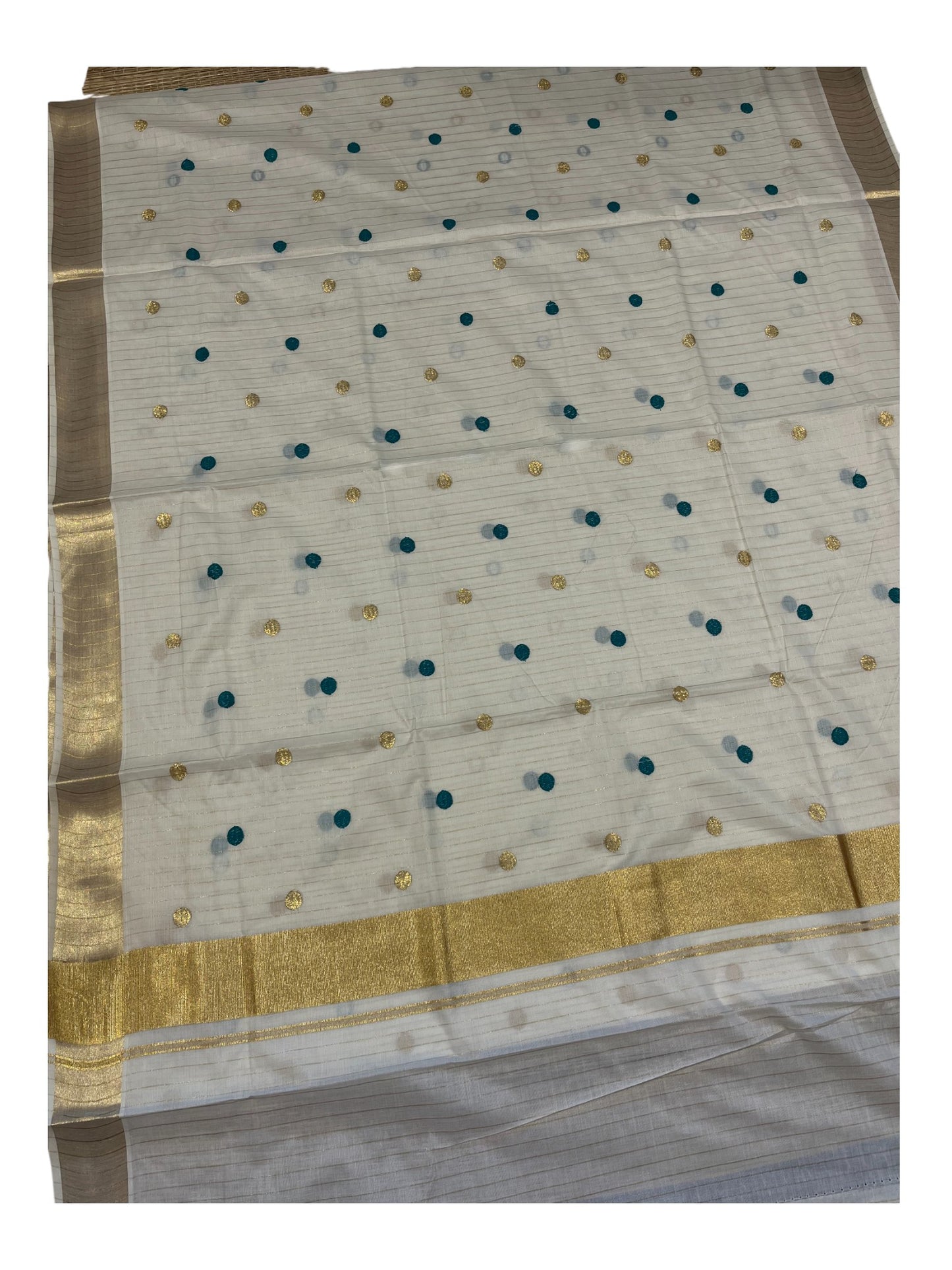 Southloom Kerala Pure Cotton Saree with Gold&Blue Polka Embroidery Works on Body