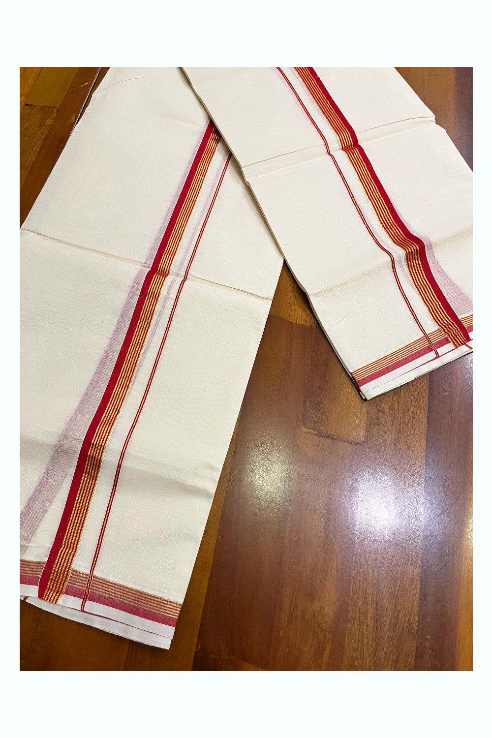 Kerala Pure Cotton Single Set Mundu (Mundum Neriyathum) with Red and Kasavu Border - 2.80Mtrs