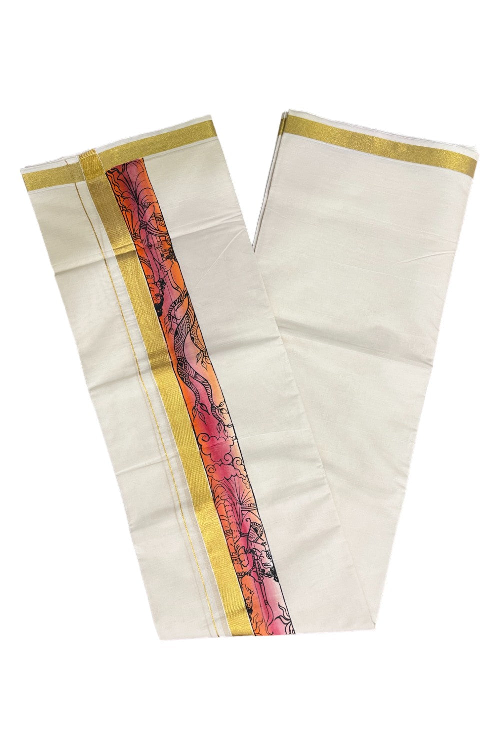 Kerala Pure Cotton Double Mundu with Mural Hand Painted Design on Kasavu Border (South Indian Kerala Dhoti)