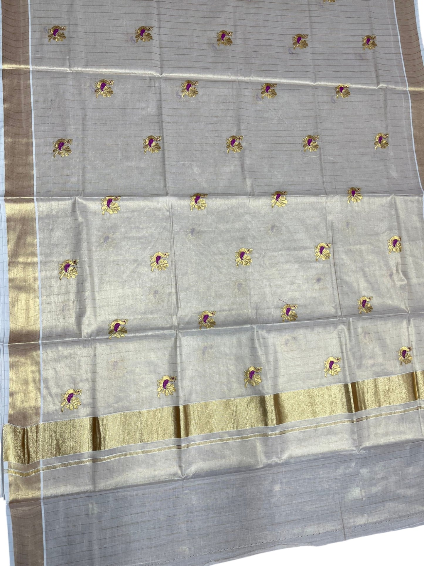 Southloom Tissue Kerala Kasavu Lines Saree with Peacock Embroidery Work on Body in Magenta