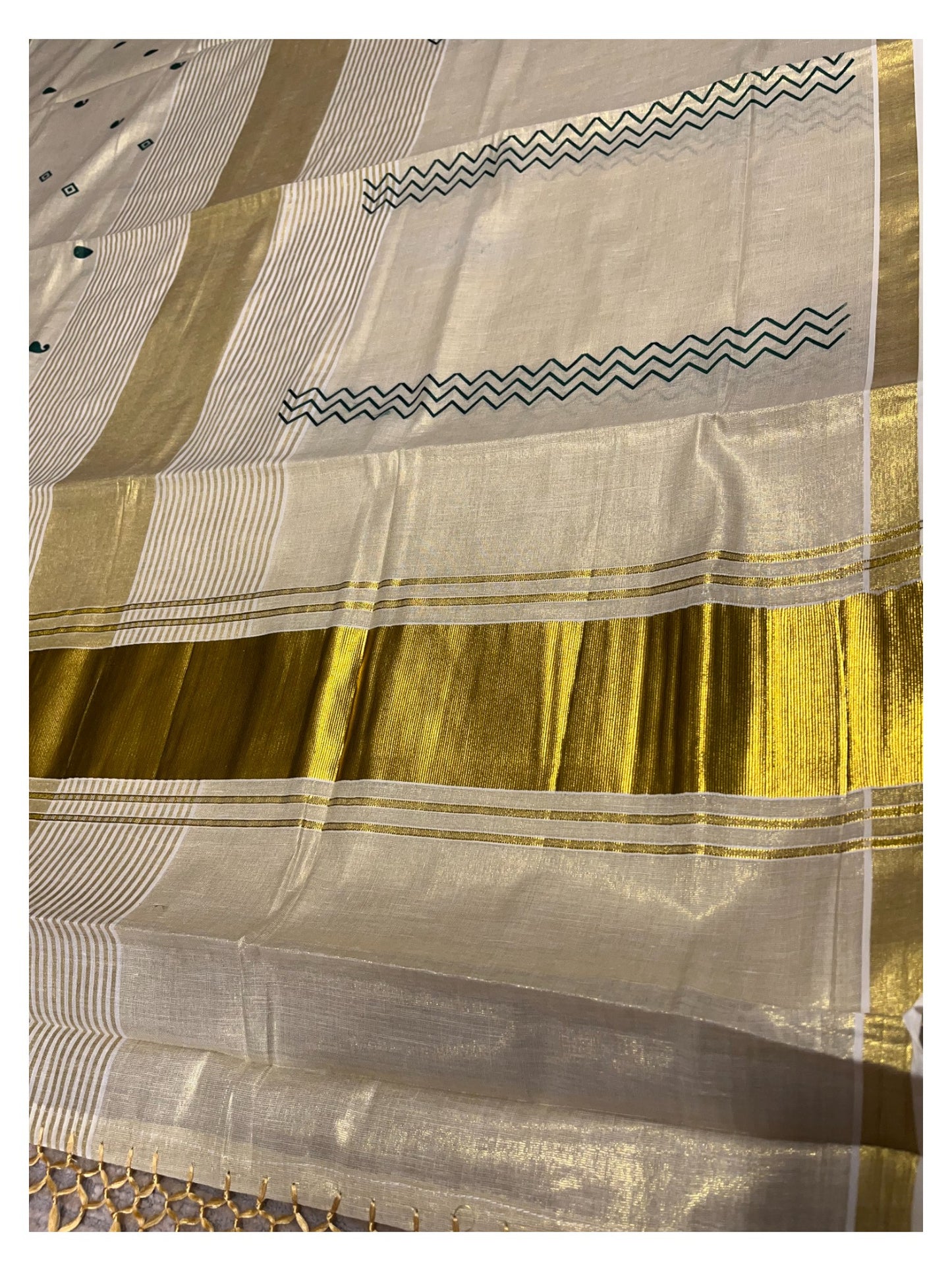 Southloom Kerala Tissue Kasavu Saree Green Hand Printed