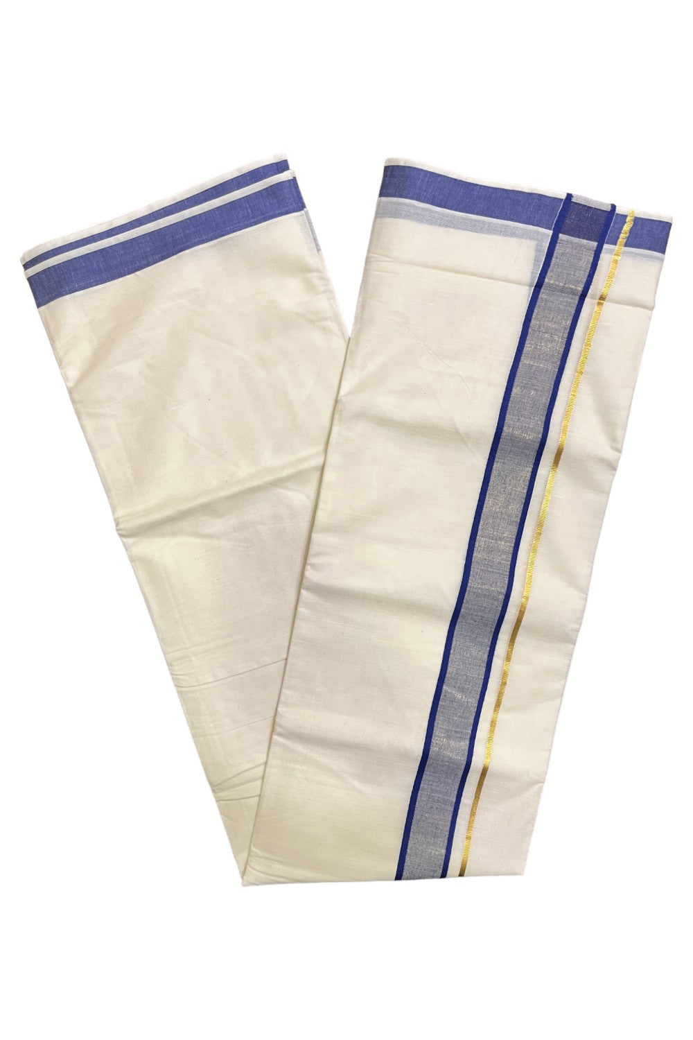 Kerala Pure Cotton Double Mundu with Dark Blue and Kasavu Border (South Indian Kerala Dhoti)