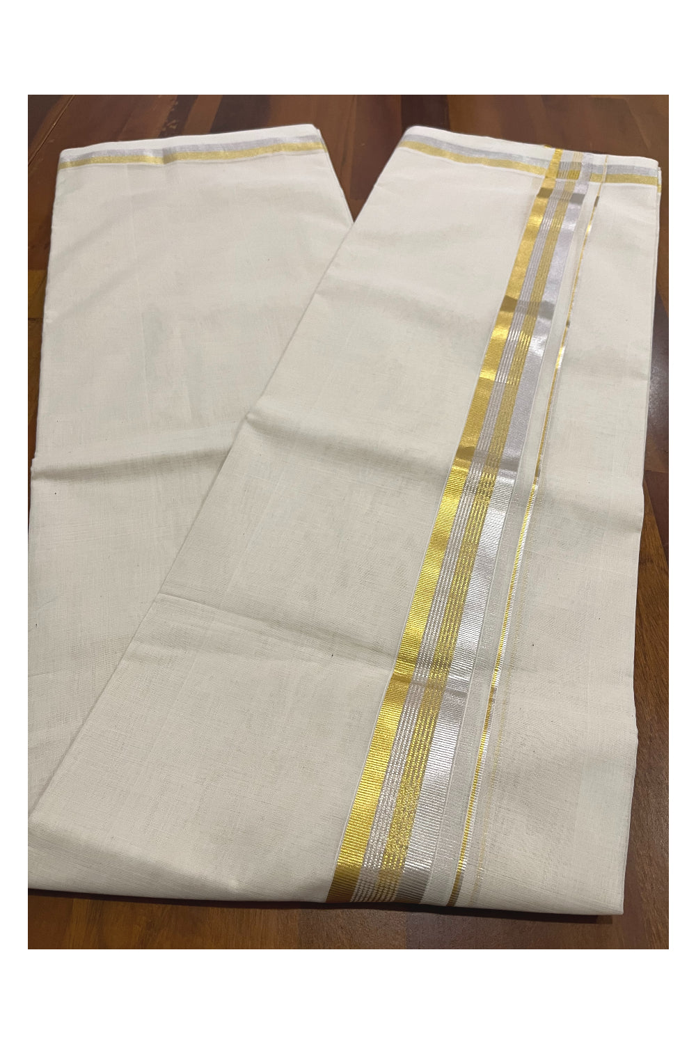 Southloom Premium Balaramapuram Unakkupaavu Wedding Handloom Mundu with Golden and Silver Kasavu Border (South Indian Kerala Dhoti)