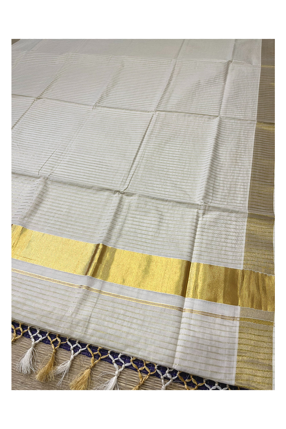 Pure Cotton Kerala Kasavu Lines Design Saree with Tassels Work (Onam Saree 2023)