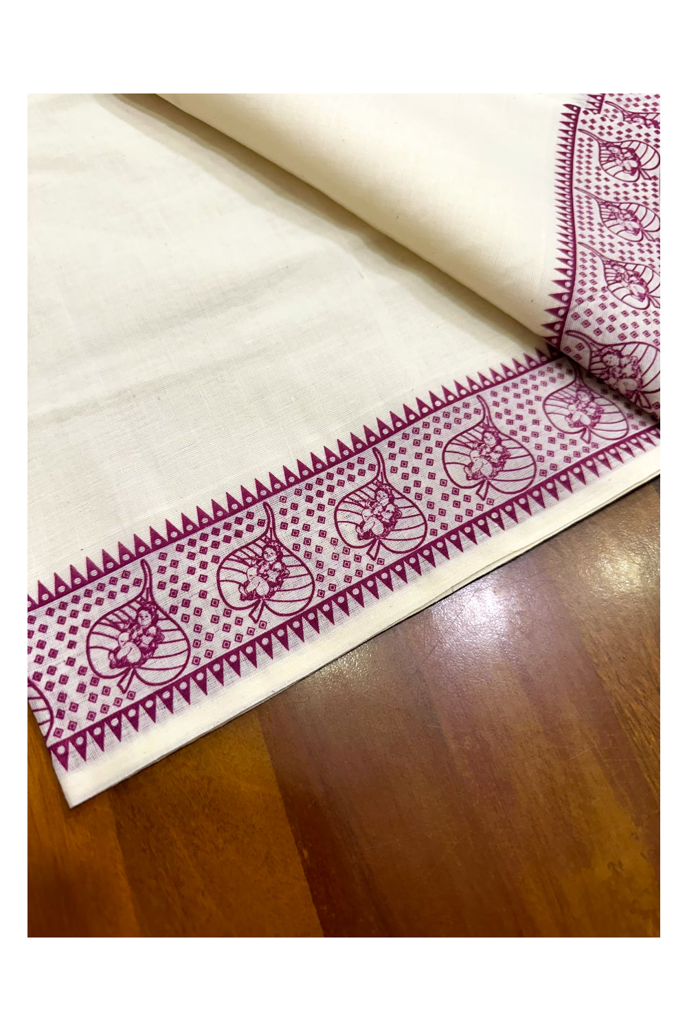 Pure Cotton Kerala Set Mundu with Magenta Block Printed Border