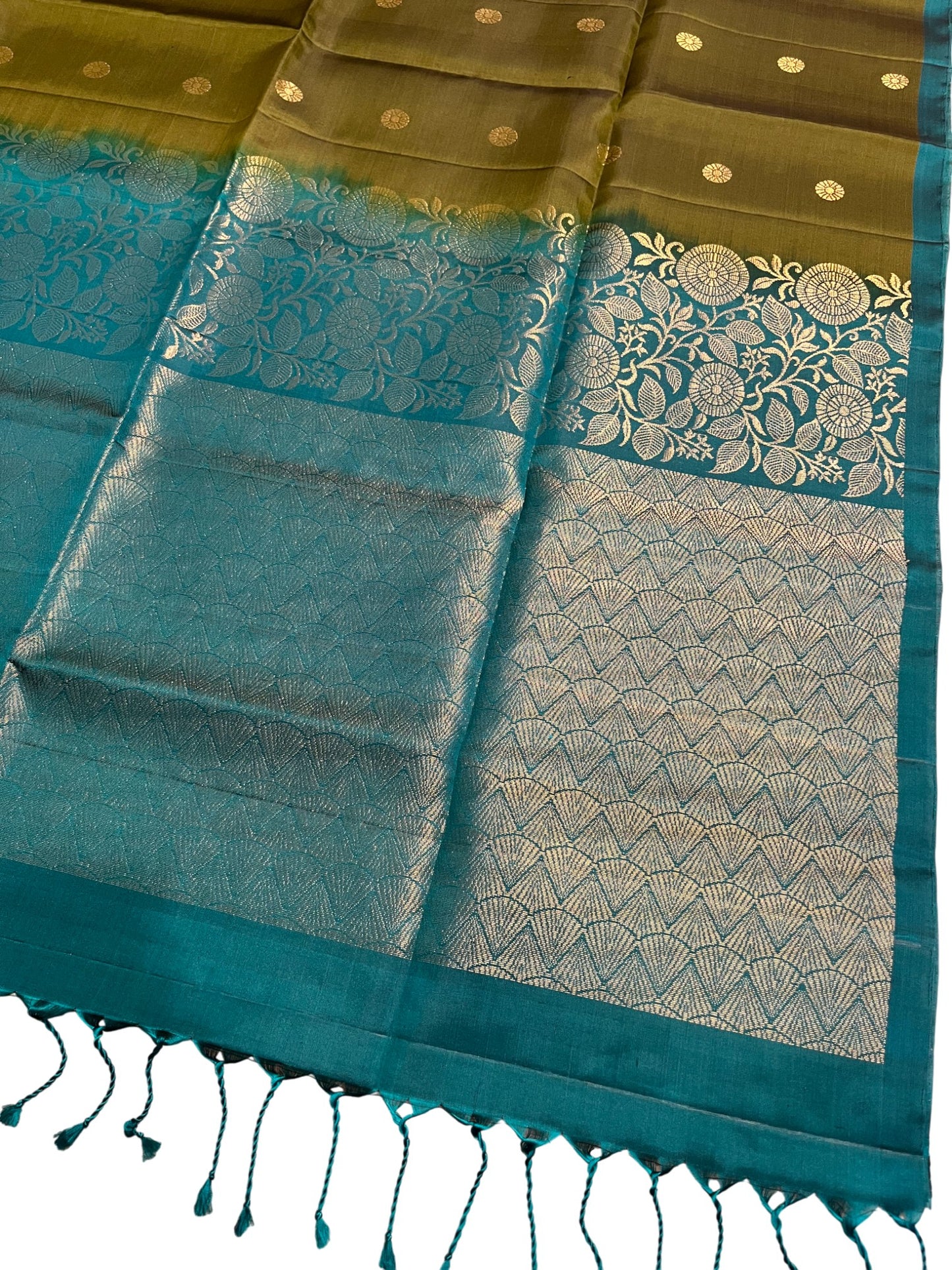 Southloom Pure Handloom Bridal Kanchipuram Silk Saree with Korvai Work (Blue & Green)