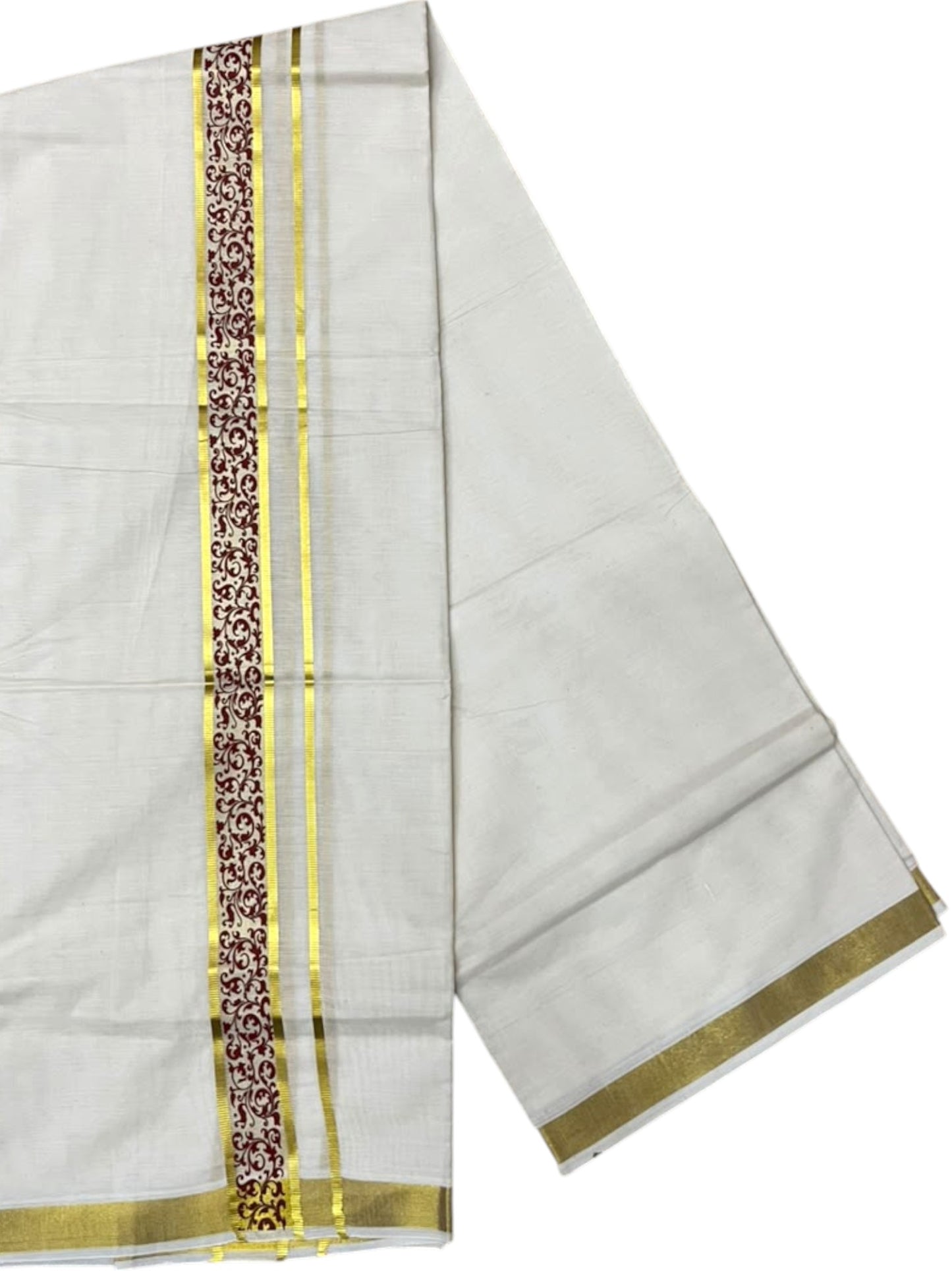 Southloom Pure Cotton Double Mundu with Maroon Block Printed And Ksavu Border (South Indian Kerala Dhoti)