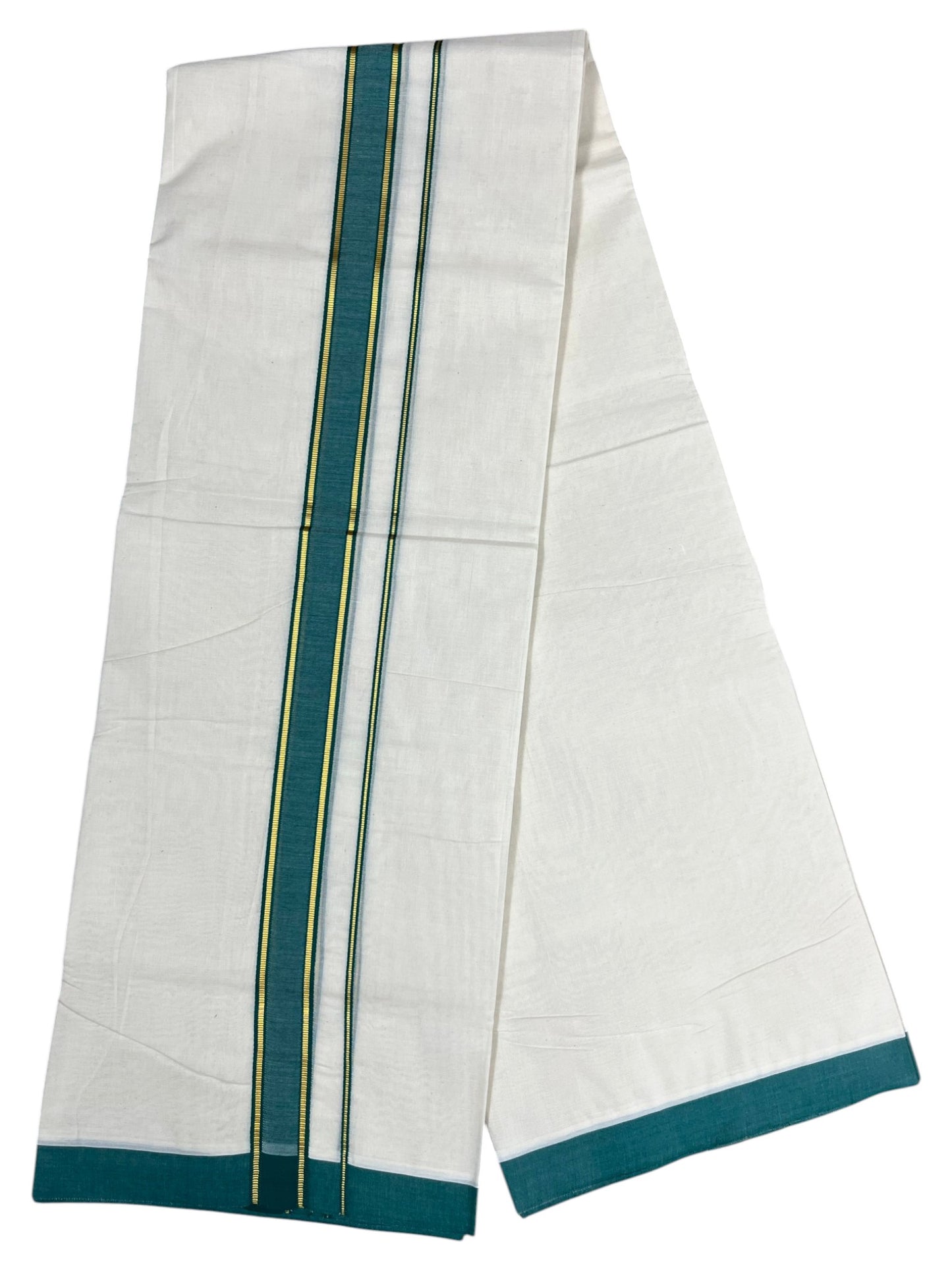 Southloom Pure Cotton Mundu with Gold Lines and Green Border (South Indian Kerala Dhoti)