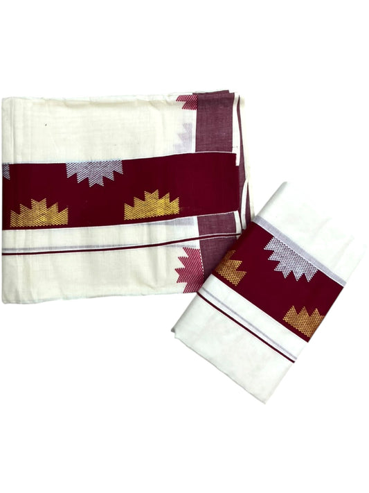 Southloom Pure Cotton Single Set Mundu (Mundum Neriyathum) Temple Design & Maroon Border 2.80 Mtrs SL631