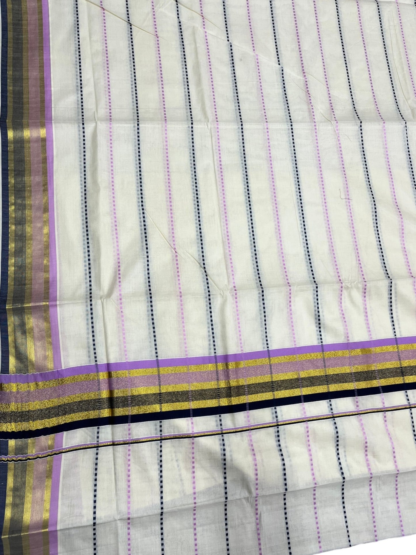 Southloom Cotton Kasavu Saree with Lavendar and Black Thread Work Across Body